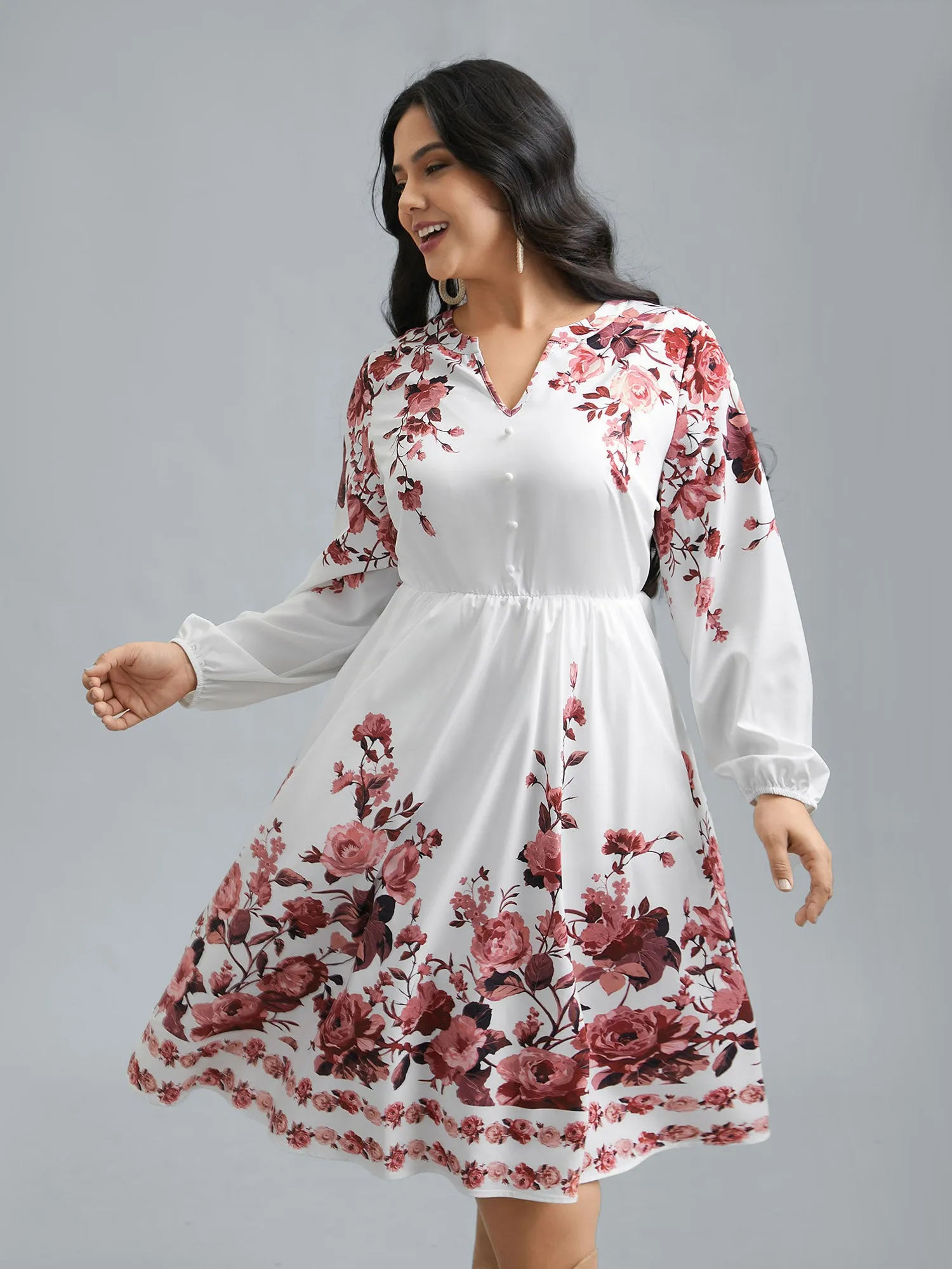 Boho Print Lantern Sleeve Button Detail Dress sold by Bloomchic product image thumbnail 2