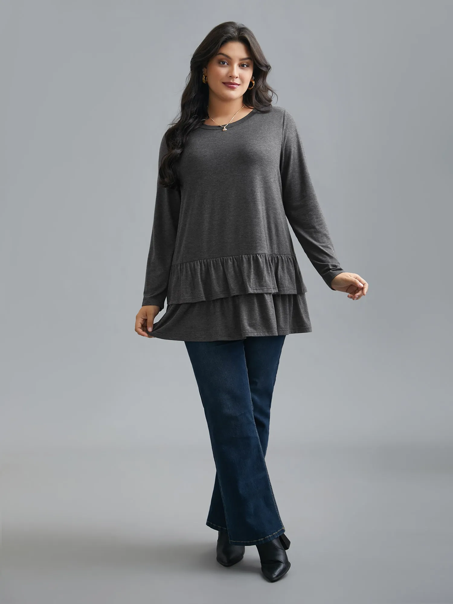 Round Neck Tiered Ruffles Hem T-Shirt sold by Bloomchic product image thumbnail 2