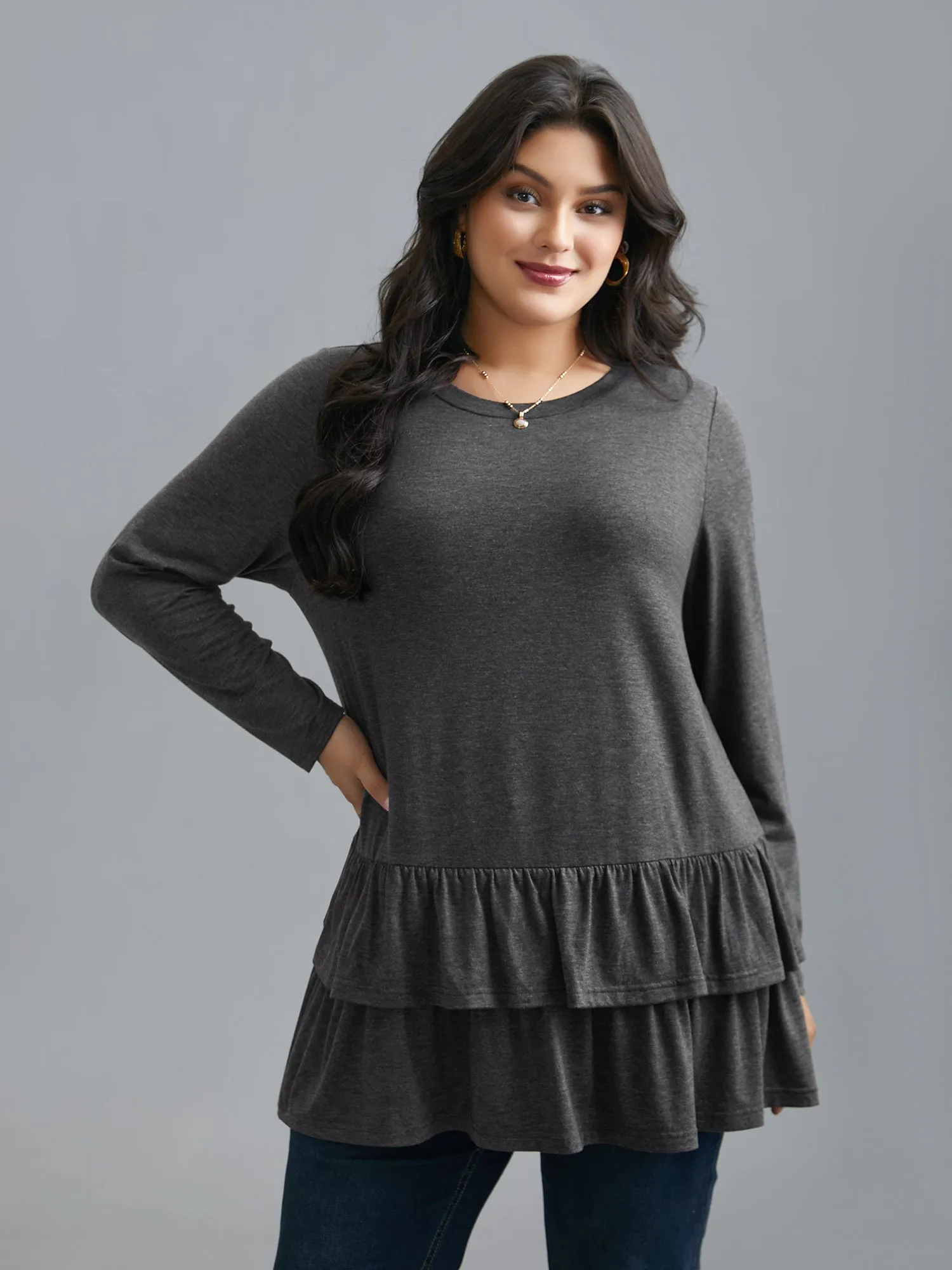 Round Neck Tiered Ruffles Hem T-Shirt sold by Bloomchic