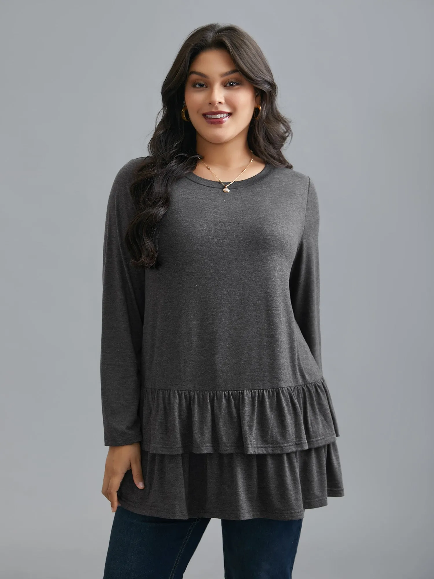 Round Neck Tiered Ruffles Hem T-Shirt sold by Bloomchic product image thumbnail 3