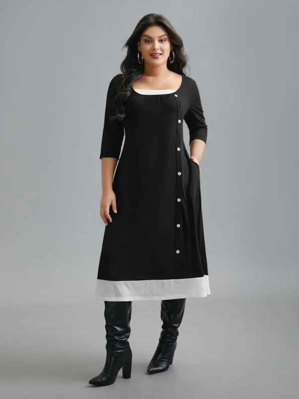 Square Neck Color Block Button Detail Dress sold by Bloomchic