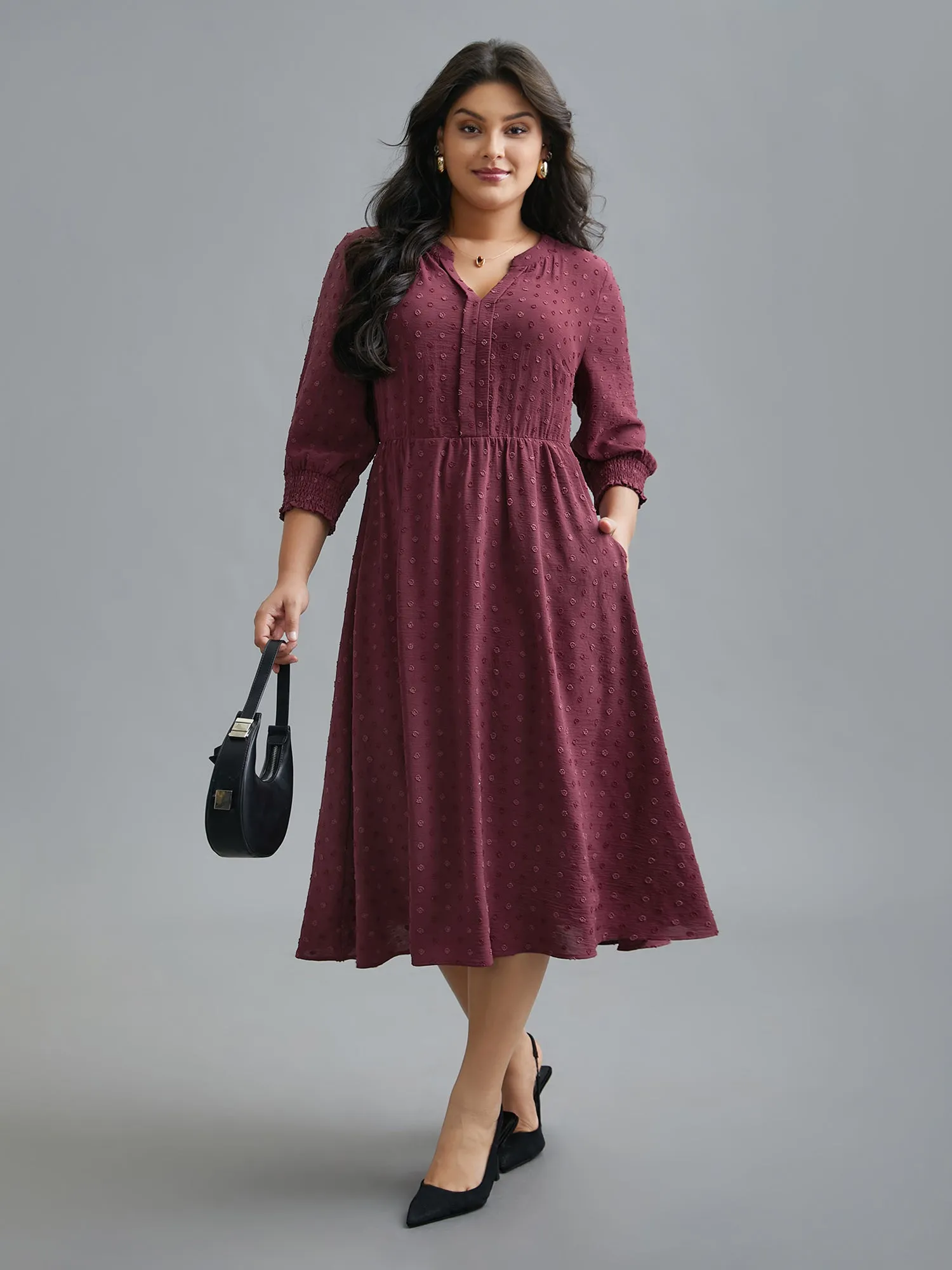 Notched Collar Textured Smocked Cuffs Dress sold by Bloomchic product image thumbnail 2