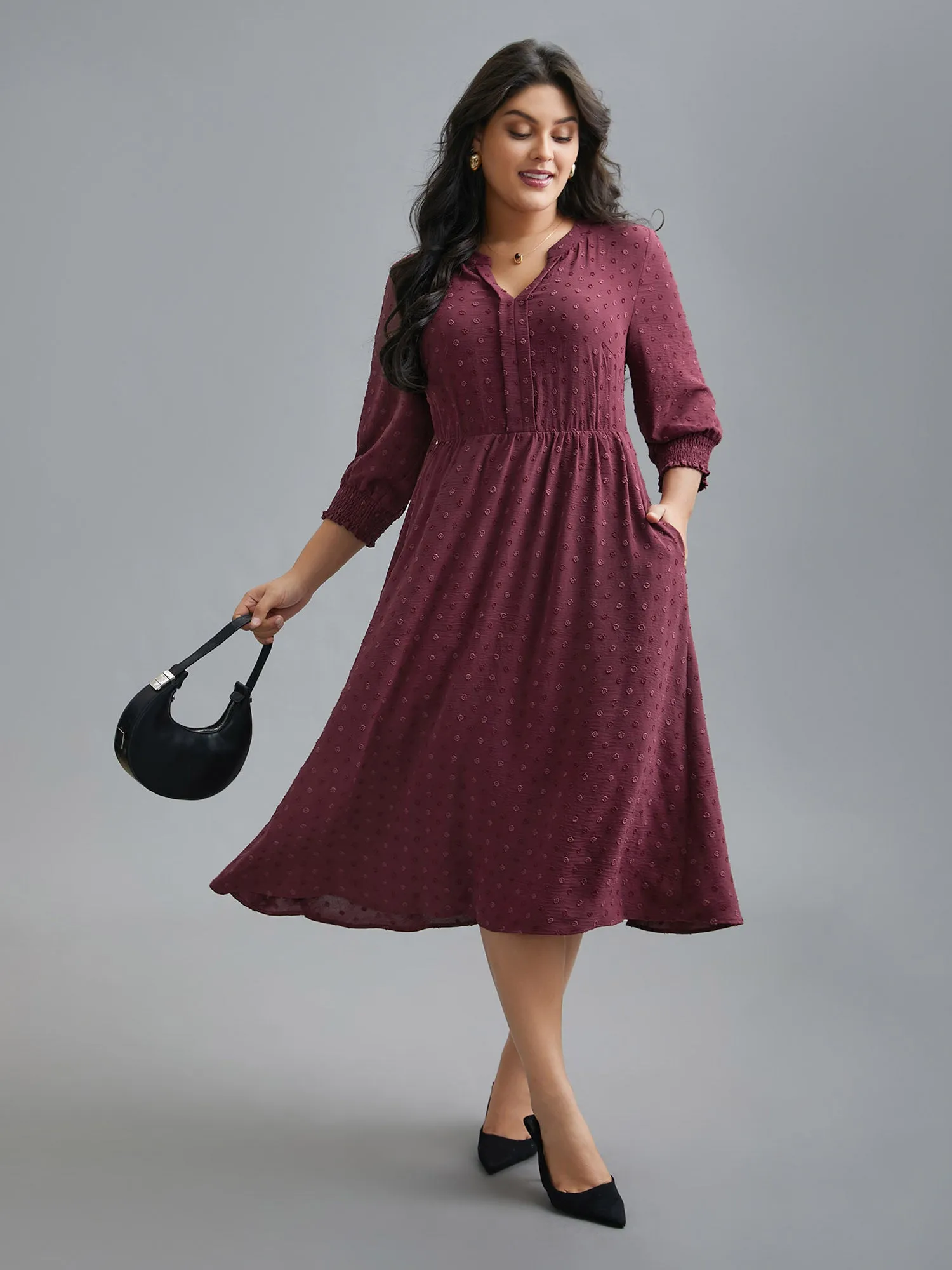 Notched Collar Textured Smocked Cuffs Dress sold by Bloomchic product image thumbnail 3