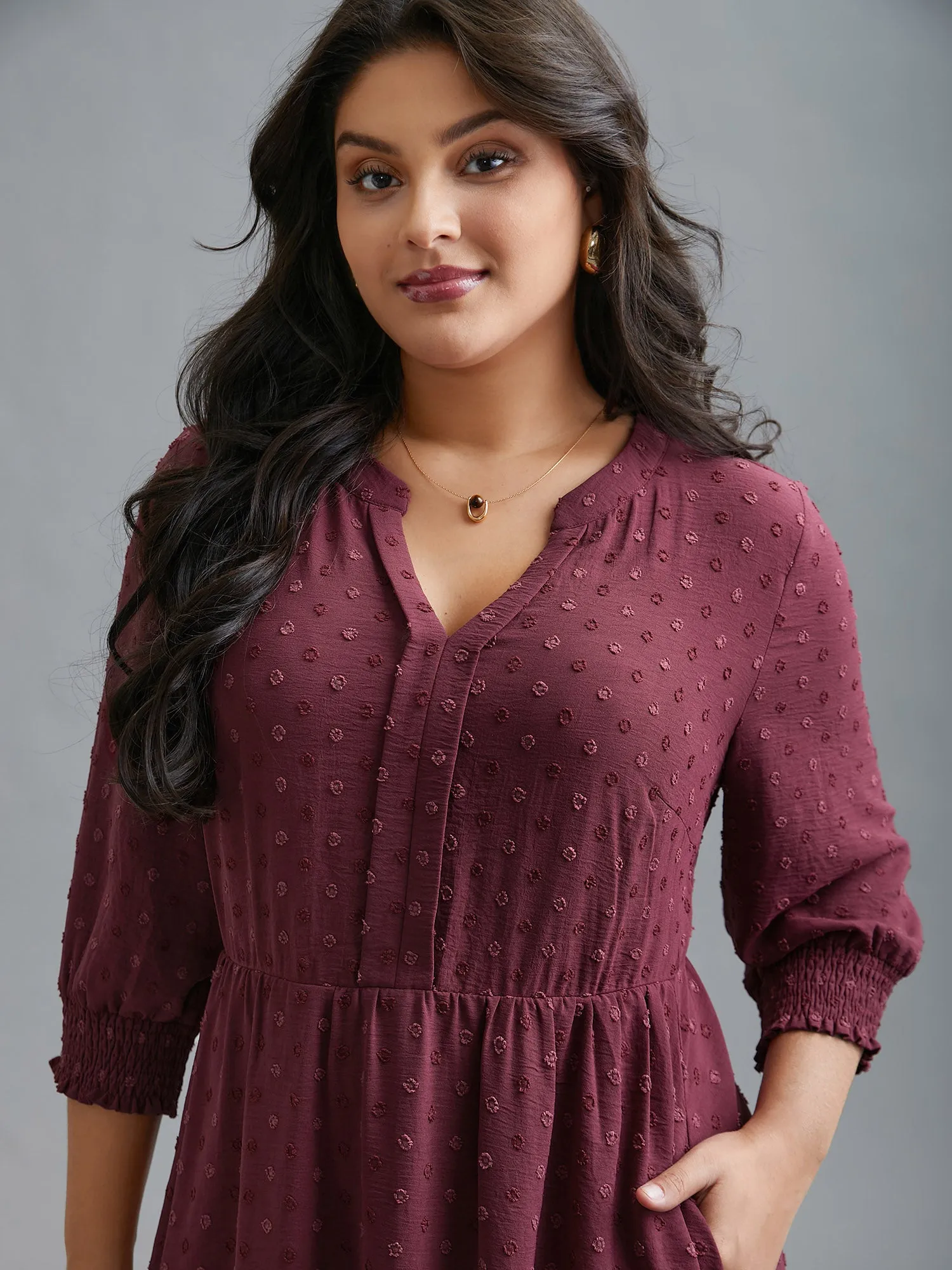 Notched Collar Textured Smocked Cuffs Dress sold by Bloomchic