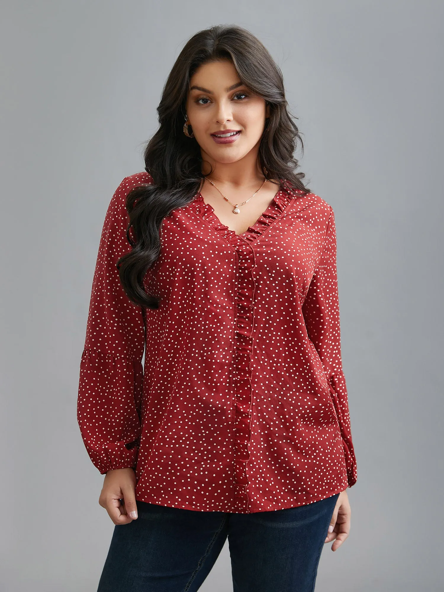V-Neck Polka Dot Ruffled Blouse sold by Bloomchic