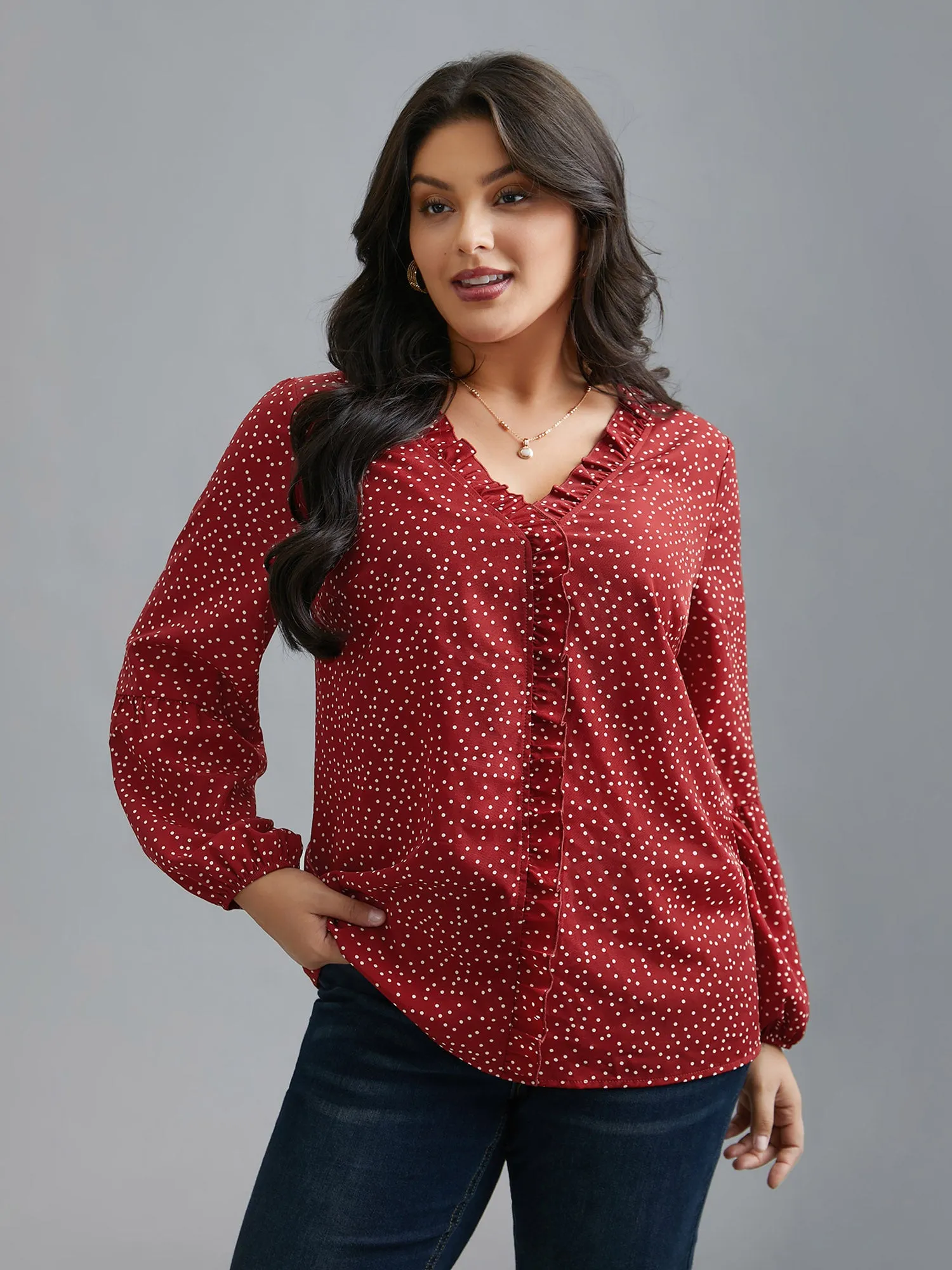 V-Neck Polka Dot Ruffled Blouse sold by Bloomchic product image thumbnail 3