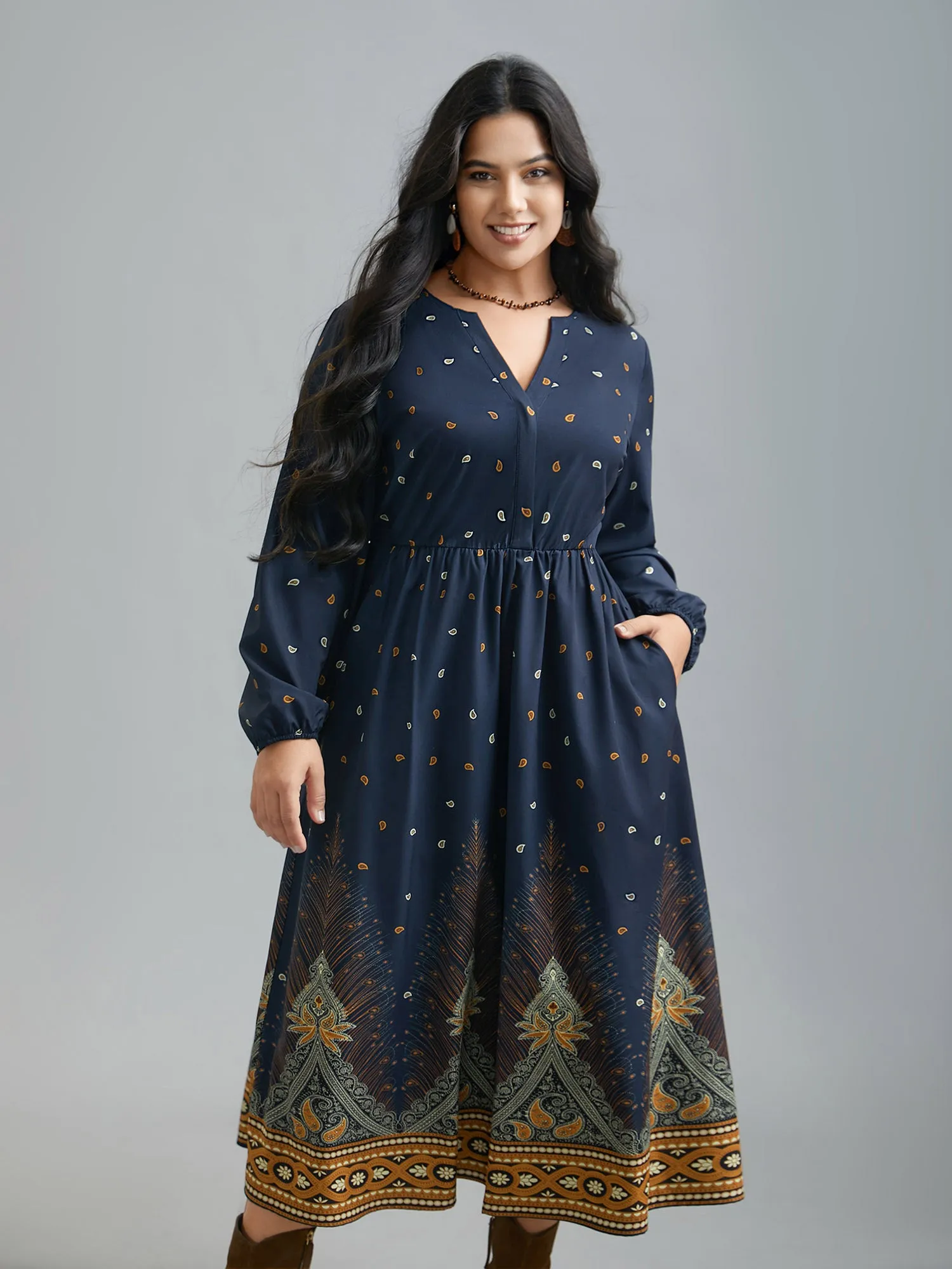 Notched Collar Boho Print Contrast Dress sold by Bloomchic product image thumbnail 3