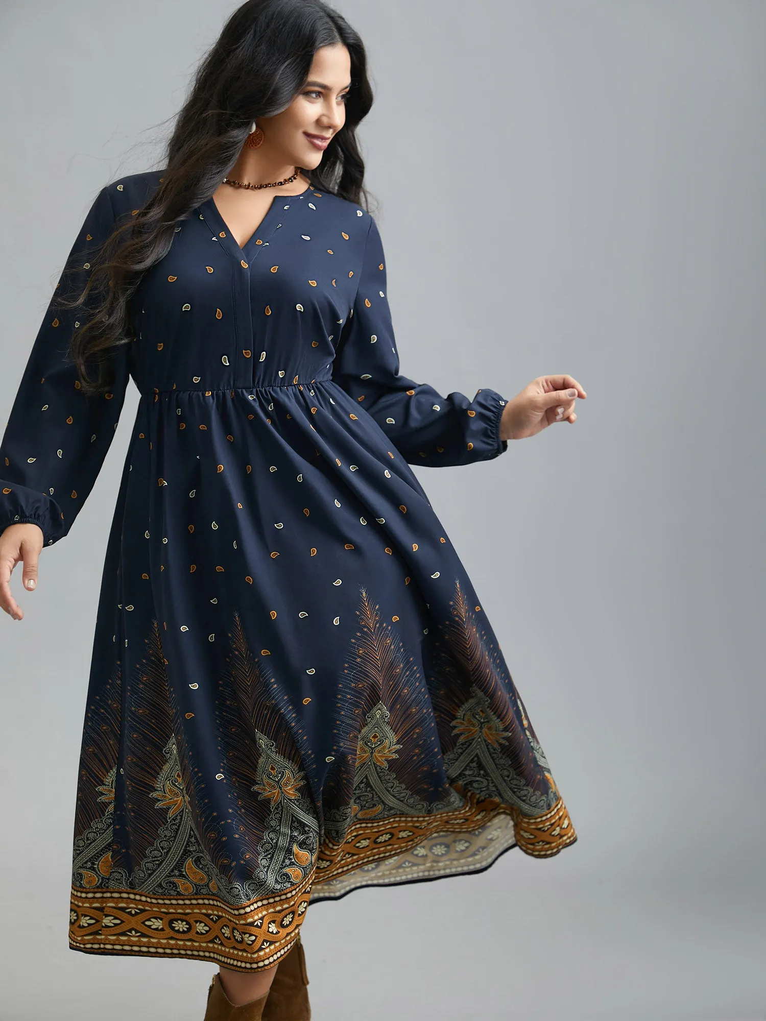 Notched Collar Boho Print Contrast Dress sold by Bloomchic