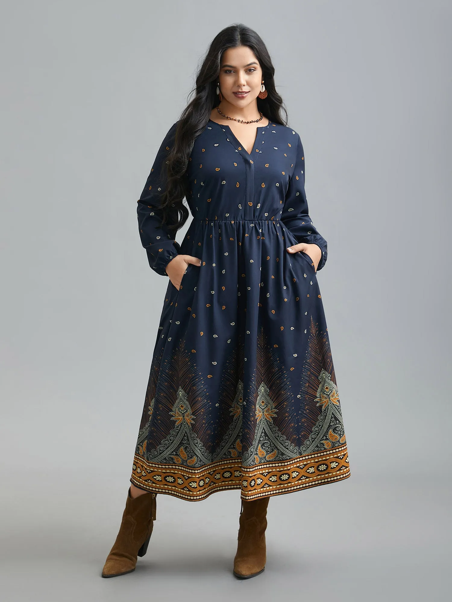 Notched Collar Boho Print Contrast Dress sold by Bloomchic product image thumbnail 4