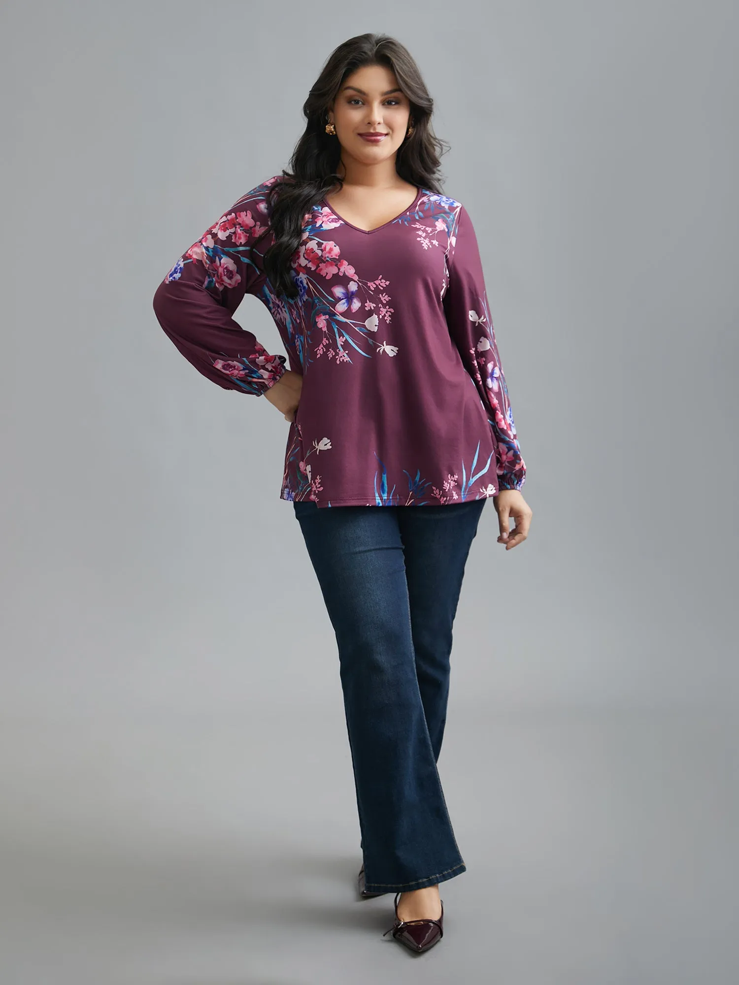 V Neck Floral Print Stretchy T-Shirt sold by Bloomchic product image thumbnail 4