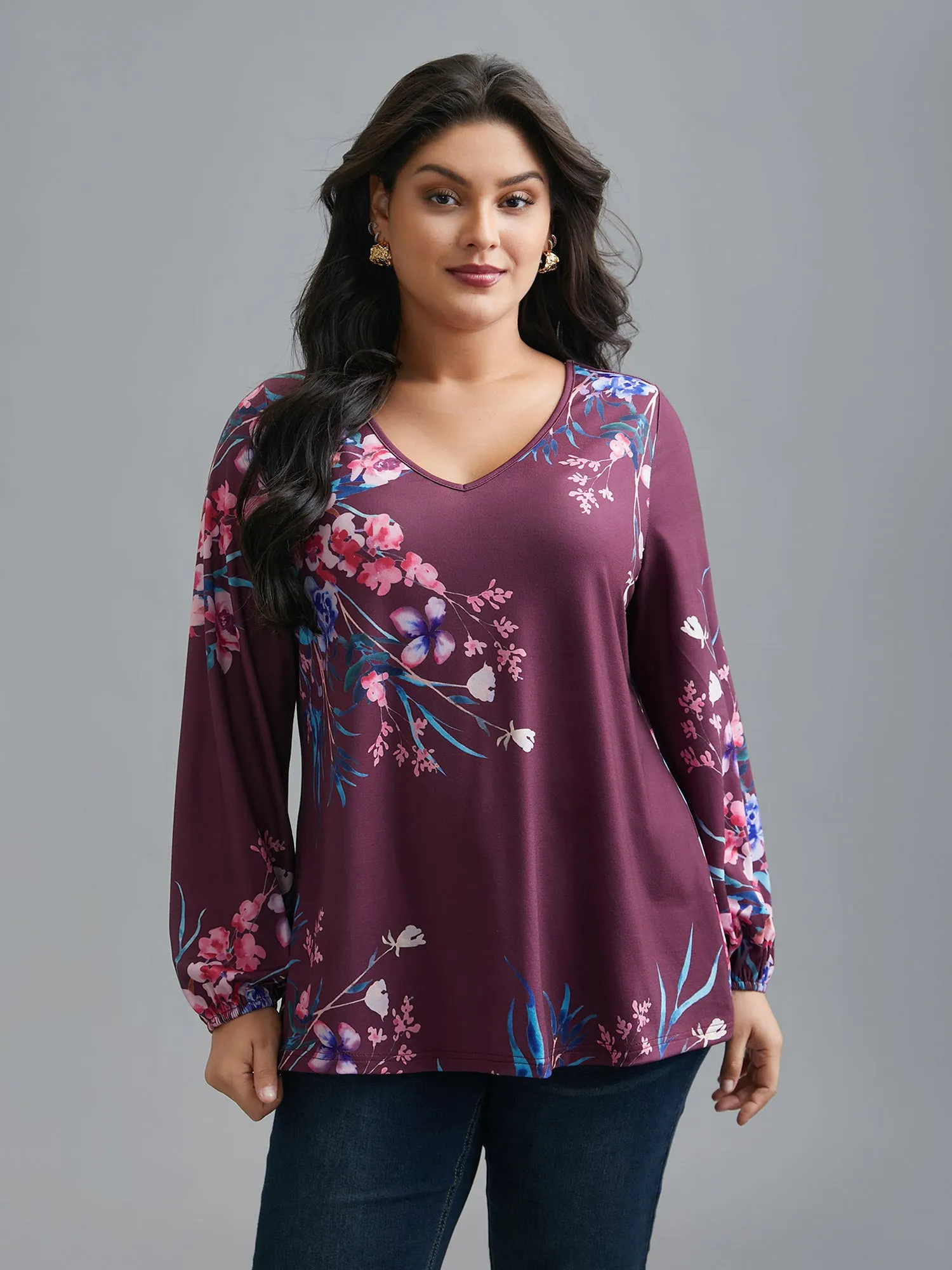 V Neck Floral Print Stretchy T-Shirt sold by Bloomchic product image thumbnail 2
