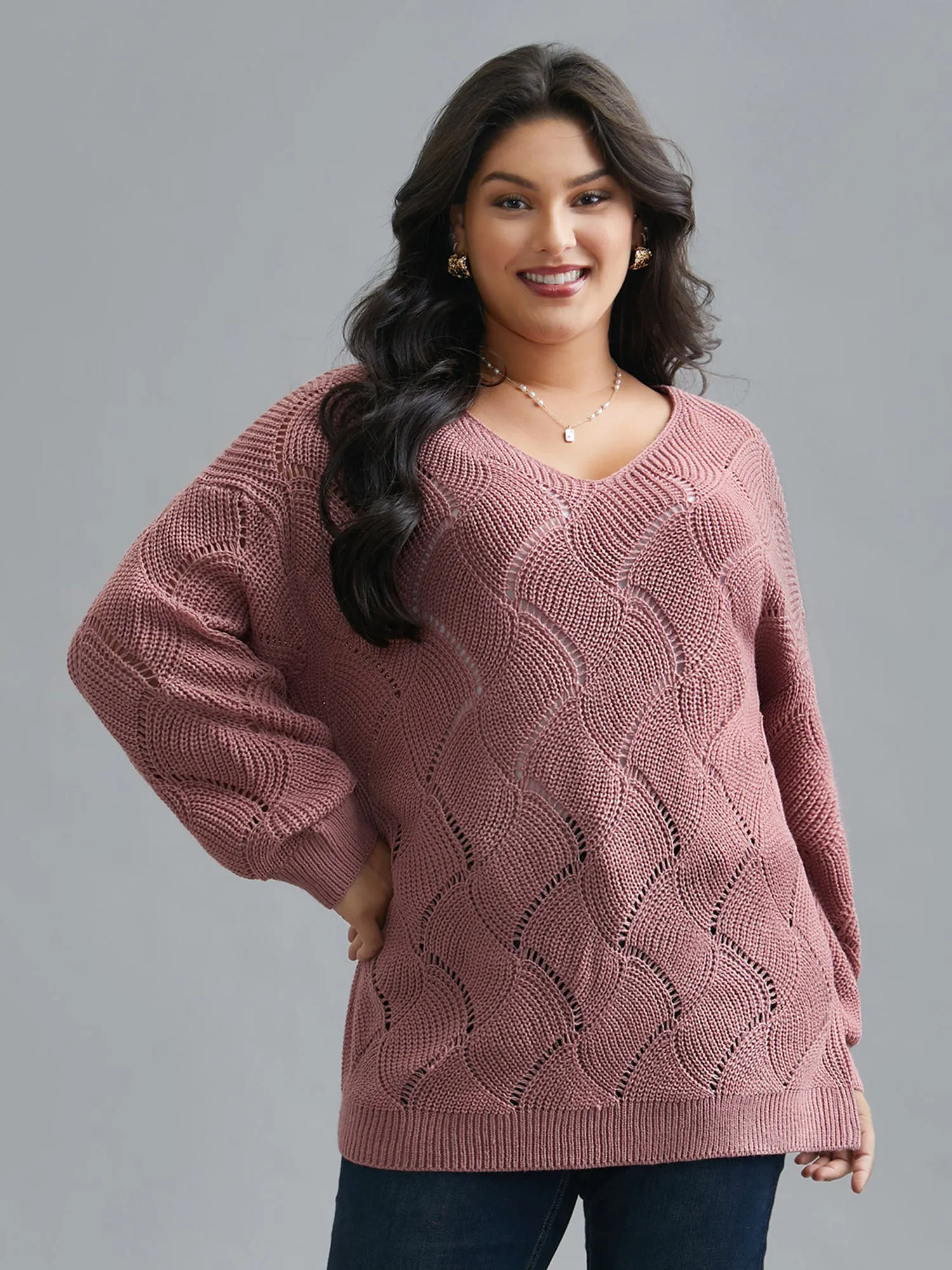V Neck Cut-Out Pattern Textured Pullover sold by Bloomchic product image thumbnail 3