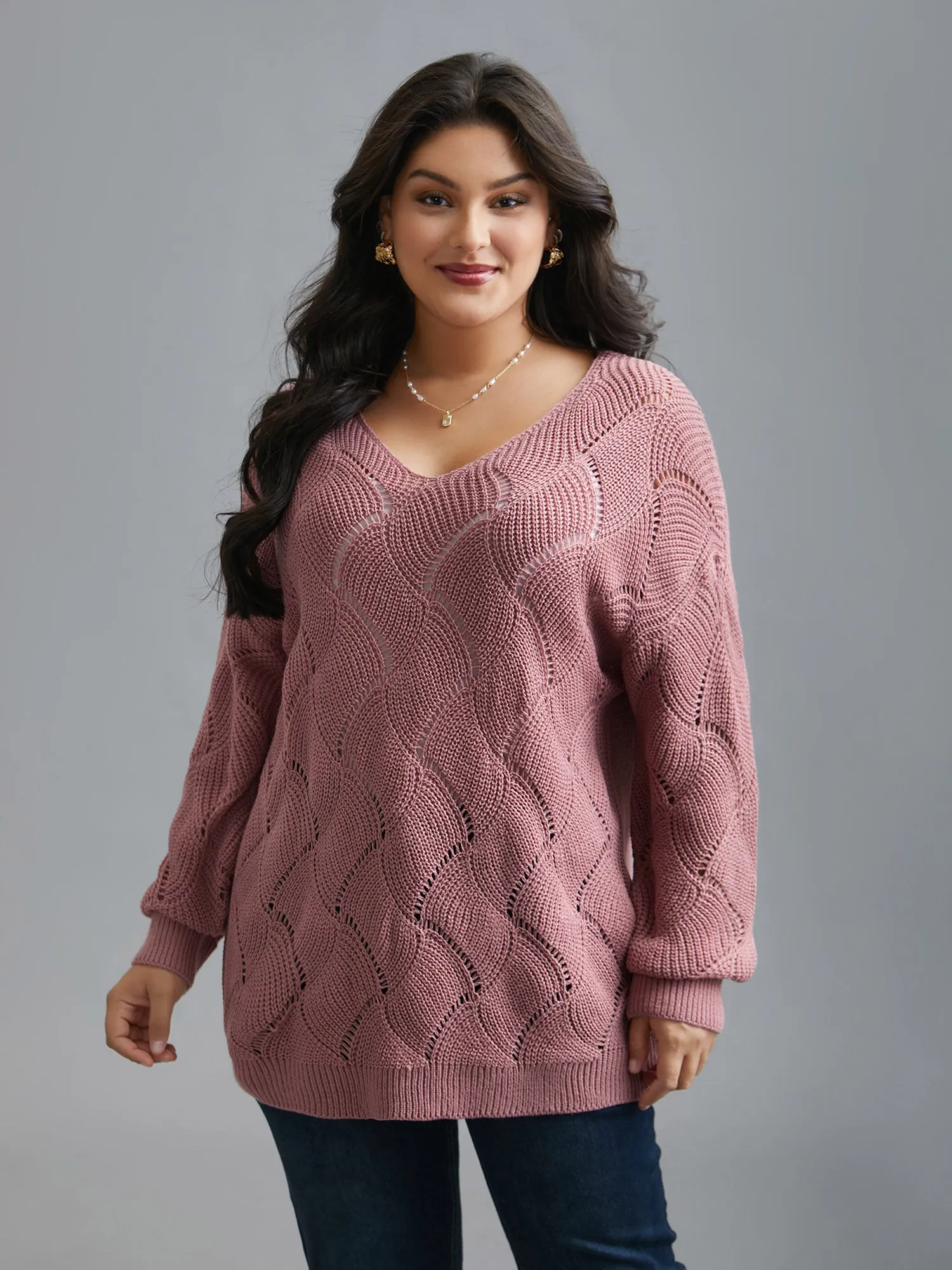 V Neck Cut-Out Pattern Textured Pullover sold by Bloomchic