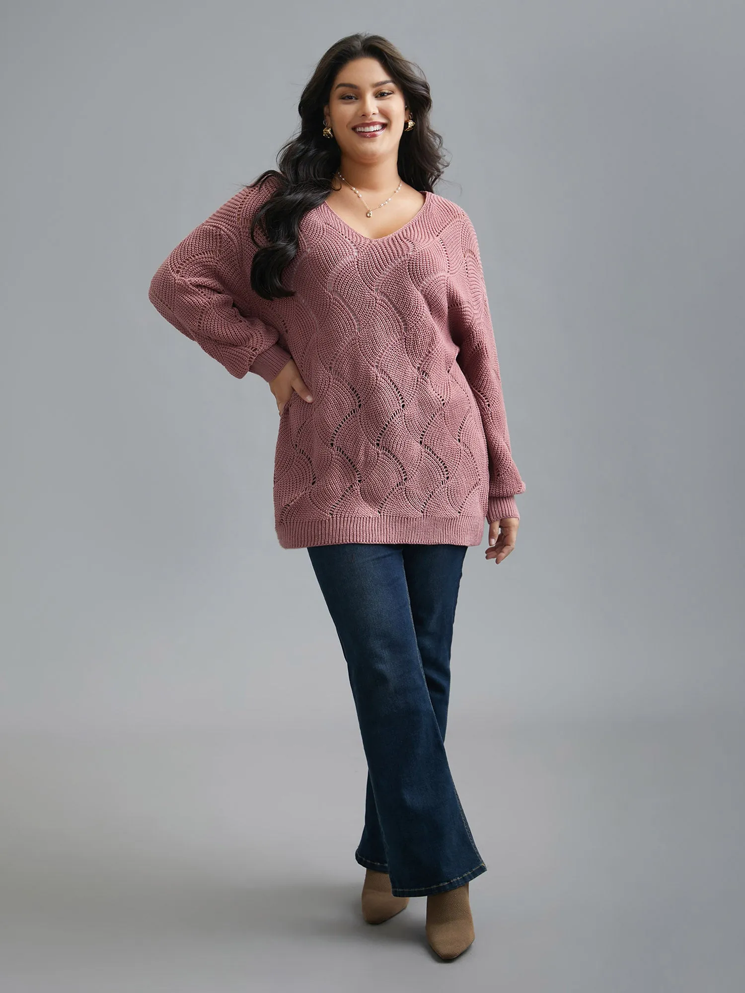 V Neck Cut-Out Pattern Textured Pullover sold by Bloomchic product image thumbnail 4