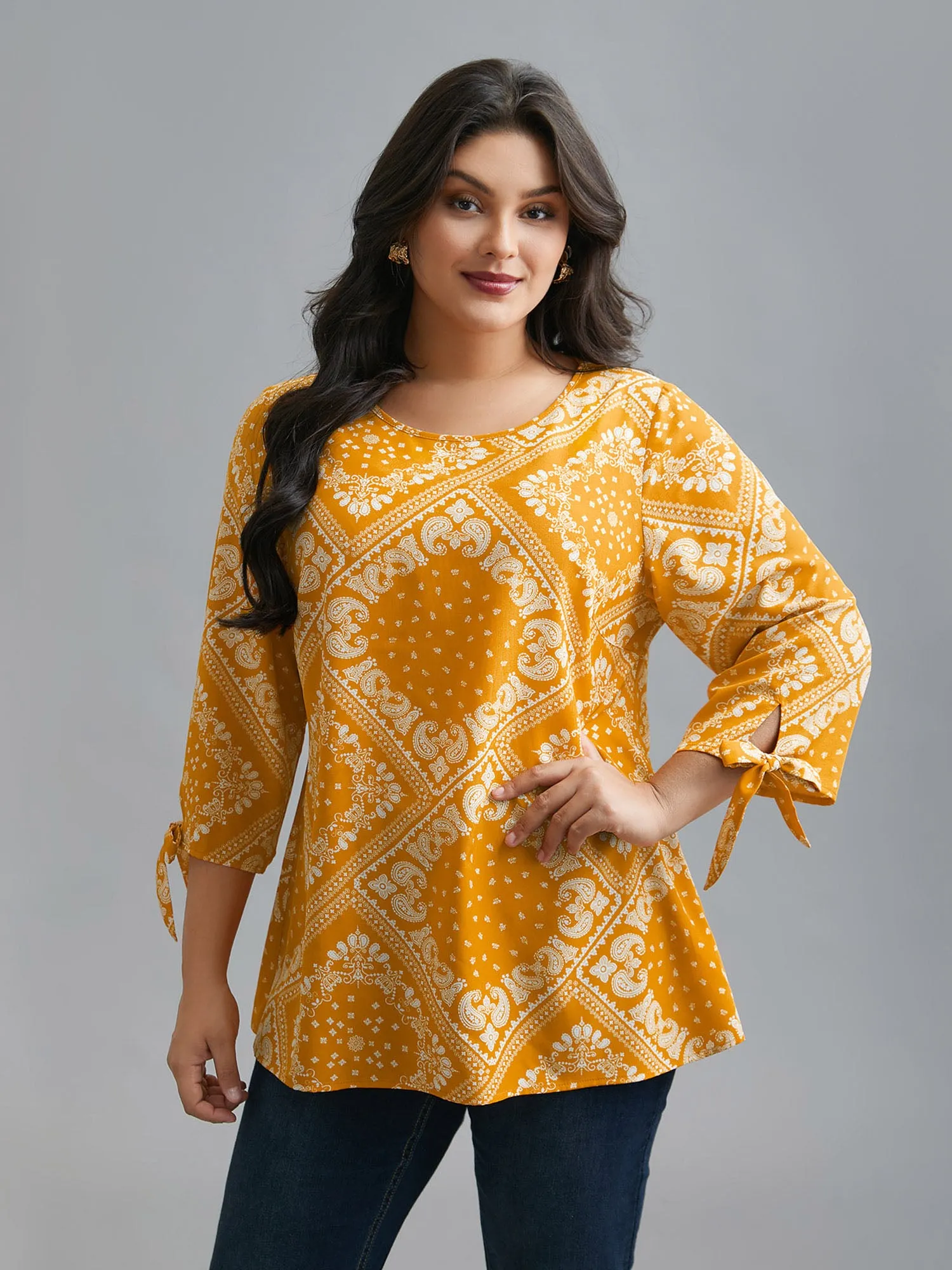Round Neck Bandana Print Sleeve Tie Blouse sold by Bloomchic