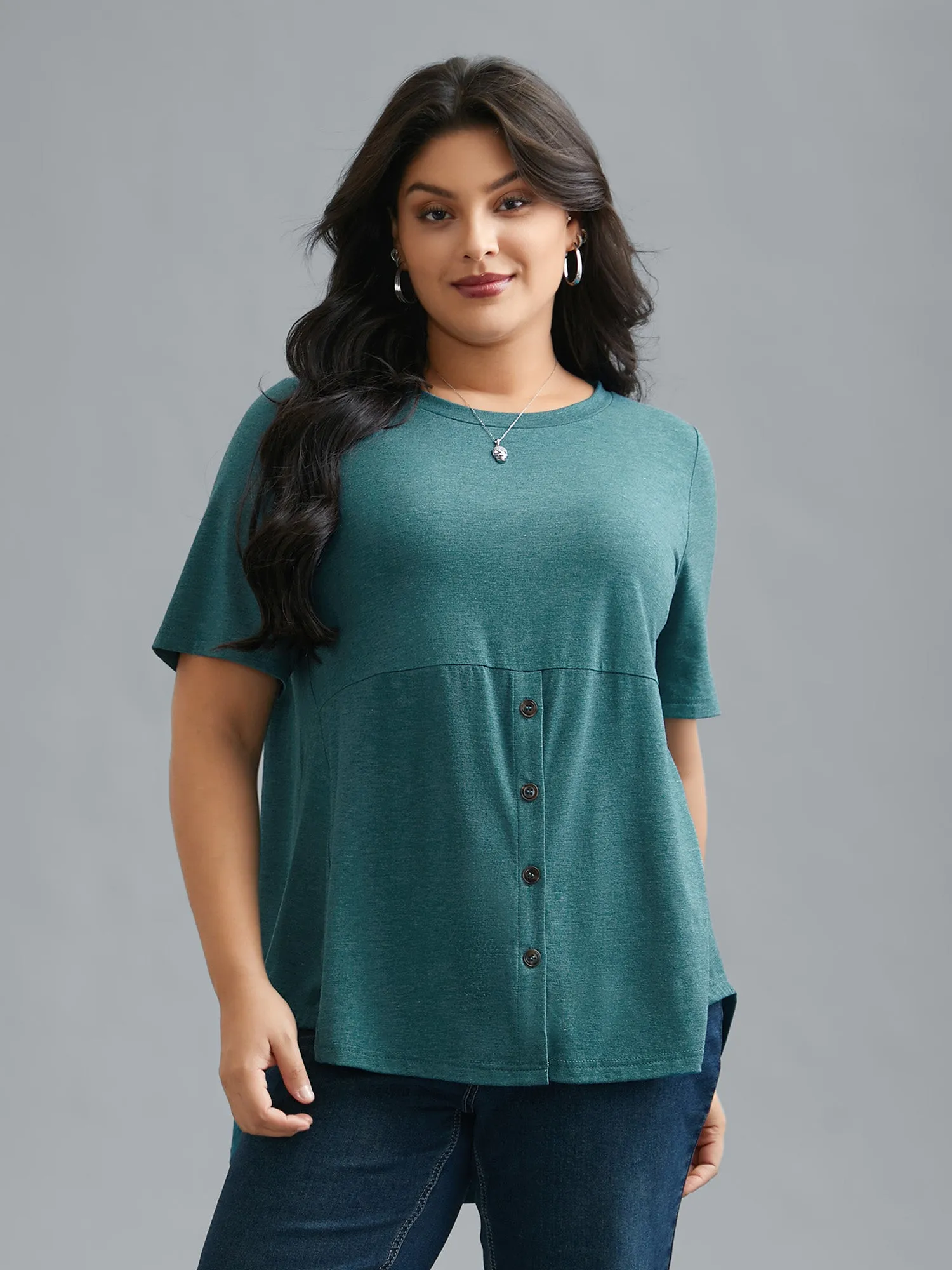 Crew Neck Front Placket Button Top sold by Bloomchic product image thumbnail 4