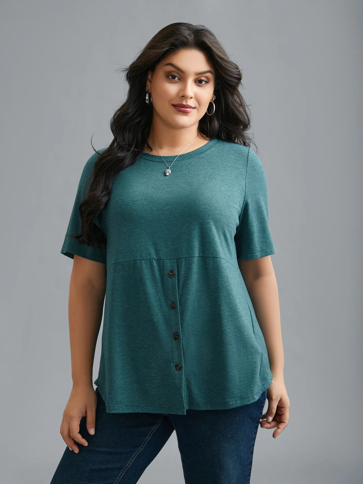Crew Neck Front Placket Button Top sold by Bloomchic
