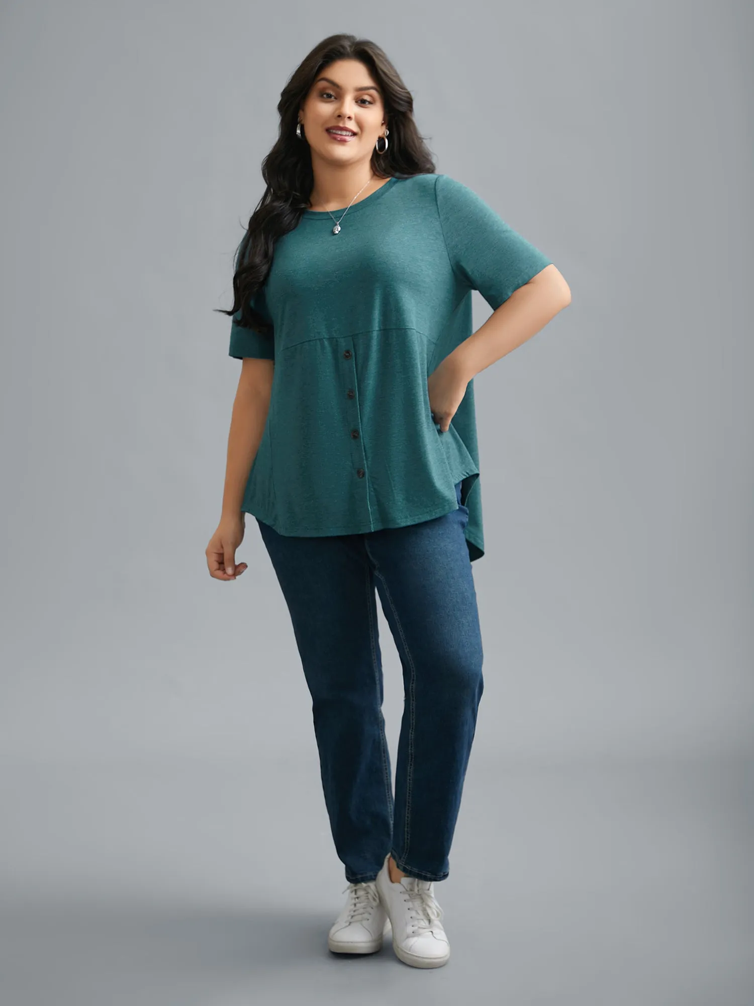 Crew Neck Front Placket Button Top sold by Bloomchic product image thumbnail 3