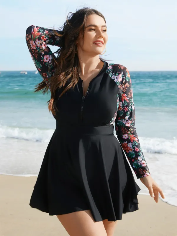 Floral Sleeve Half Zipper Swim Dress sold by Bloomchic