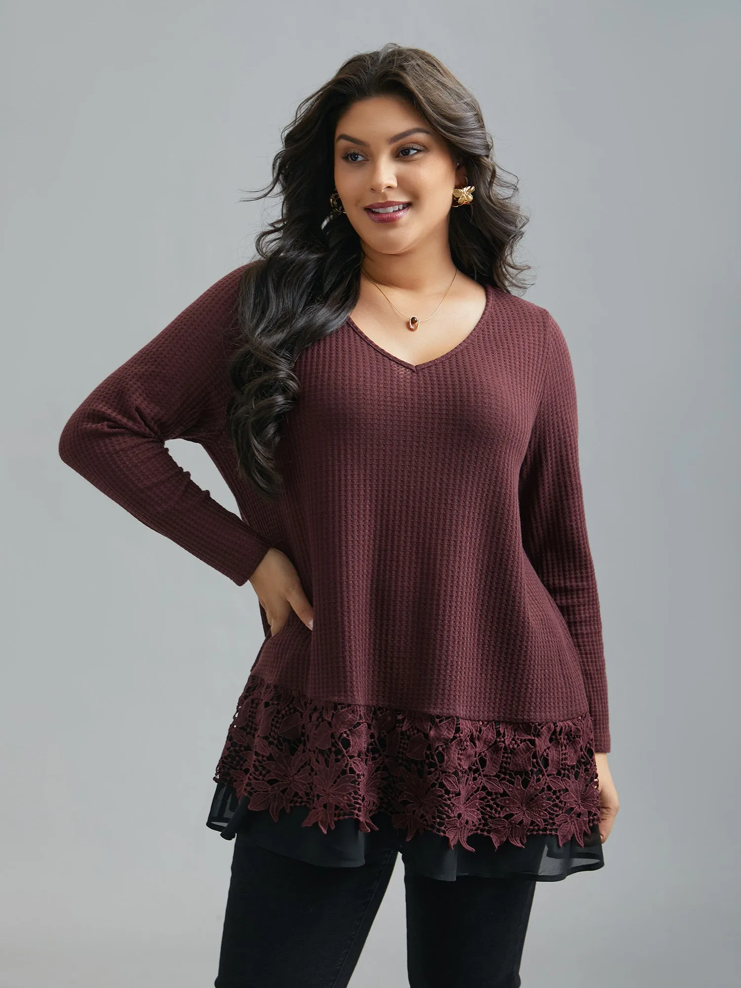 Scalloped Lace Waffle Knit Top sold by Bloomchic