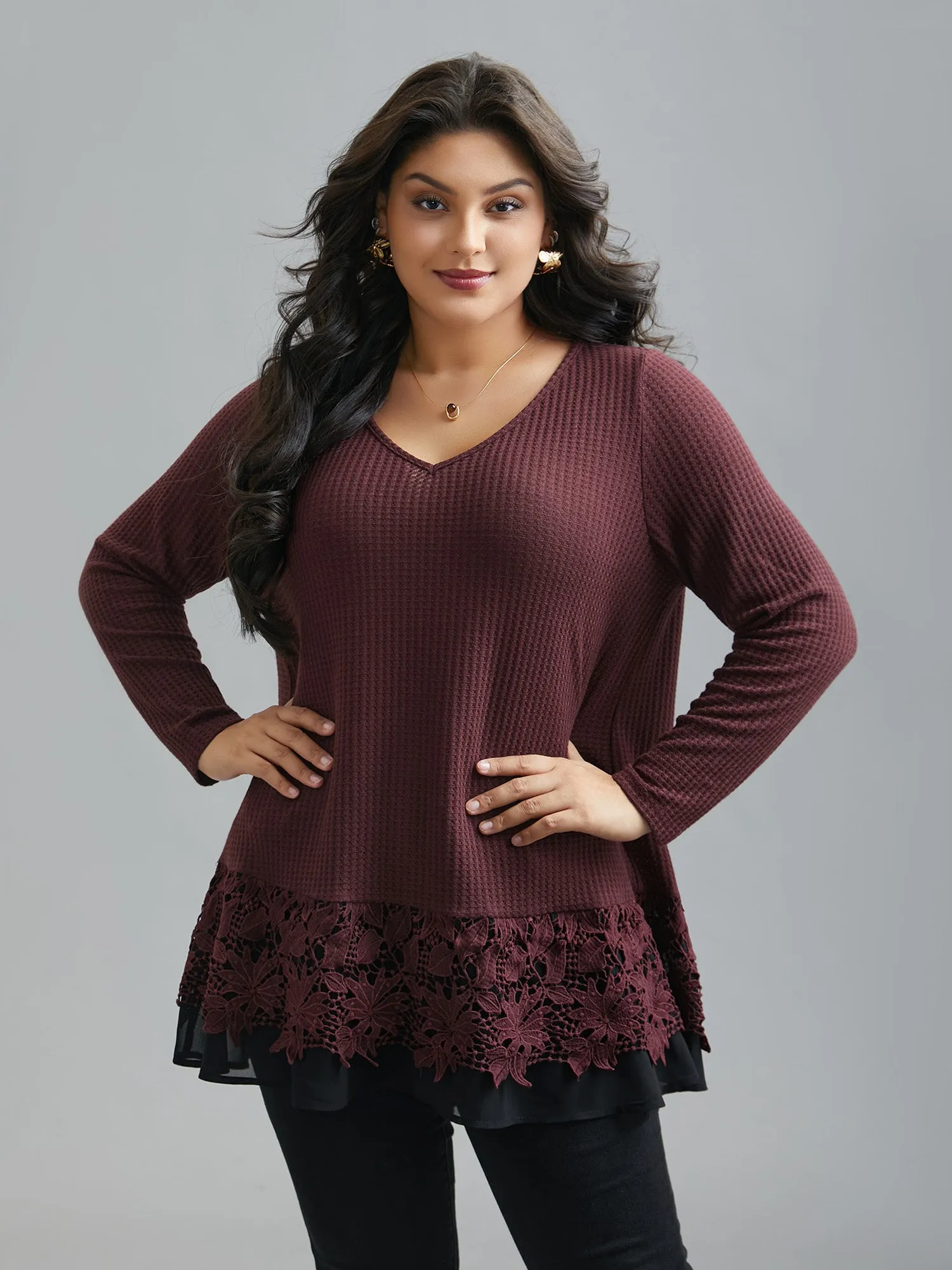 Scalloped Lace Waffle Knit Top sold by Bloomchic product image thumbnail 3