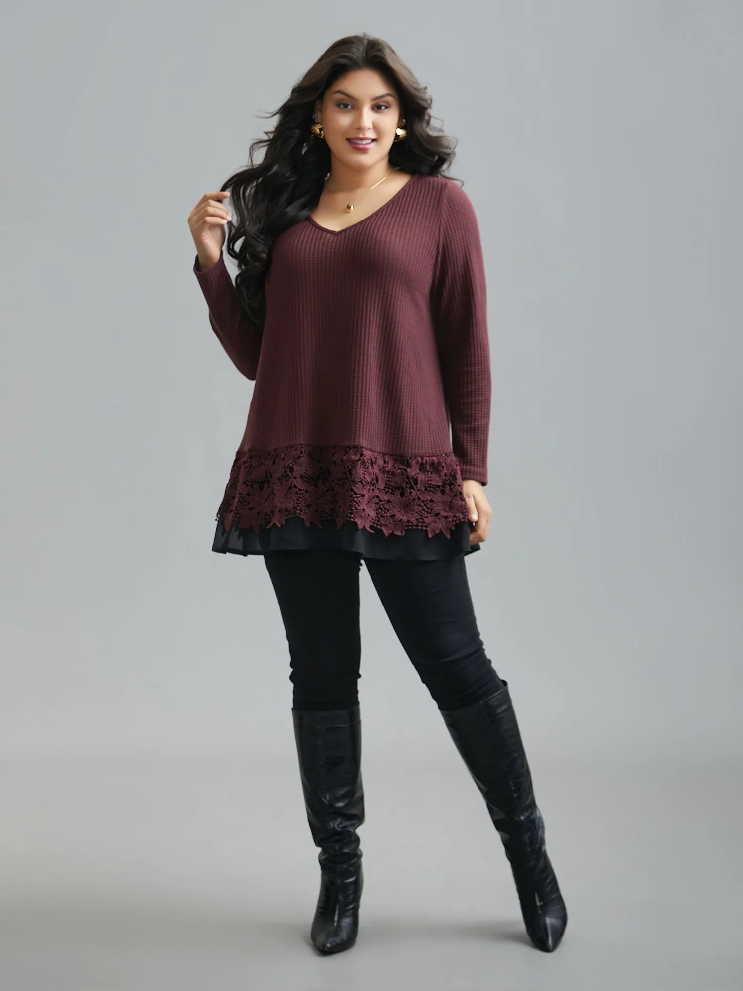 Scalloped Lace Waffle Knit Top sold by Bloomchic product image thumbnail 2