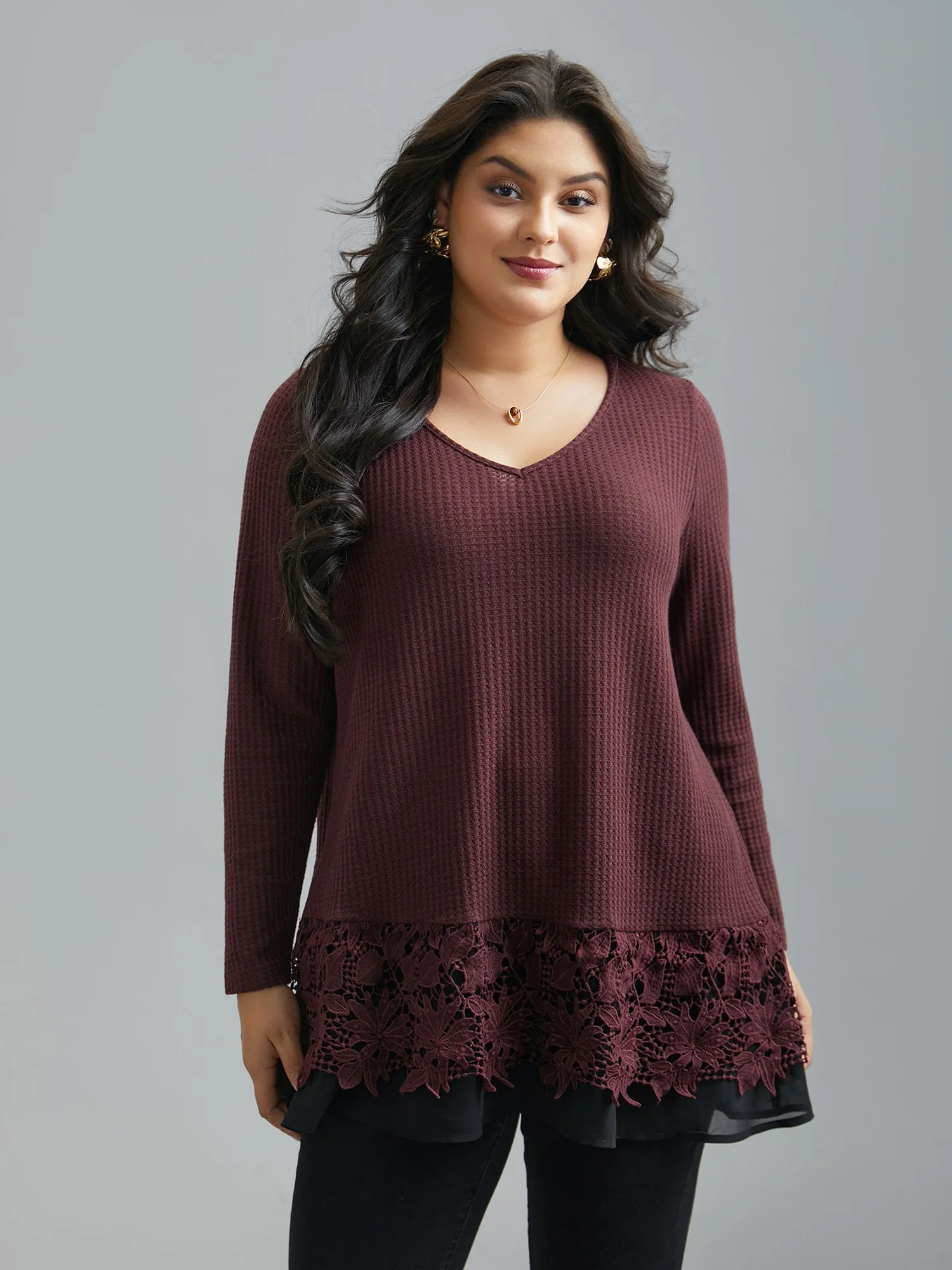 Scalloped Lace Waffle Knit Top sold by Bloomchic product image thumbnail 4