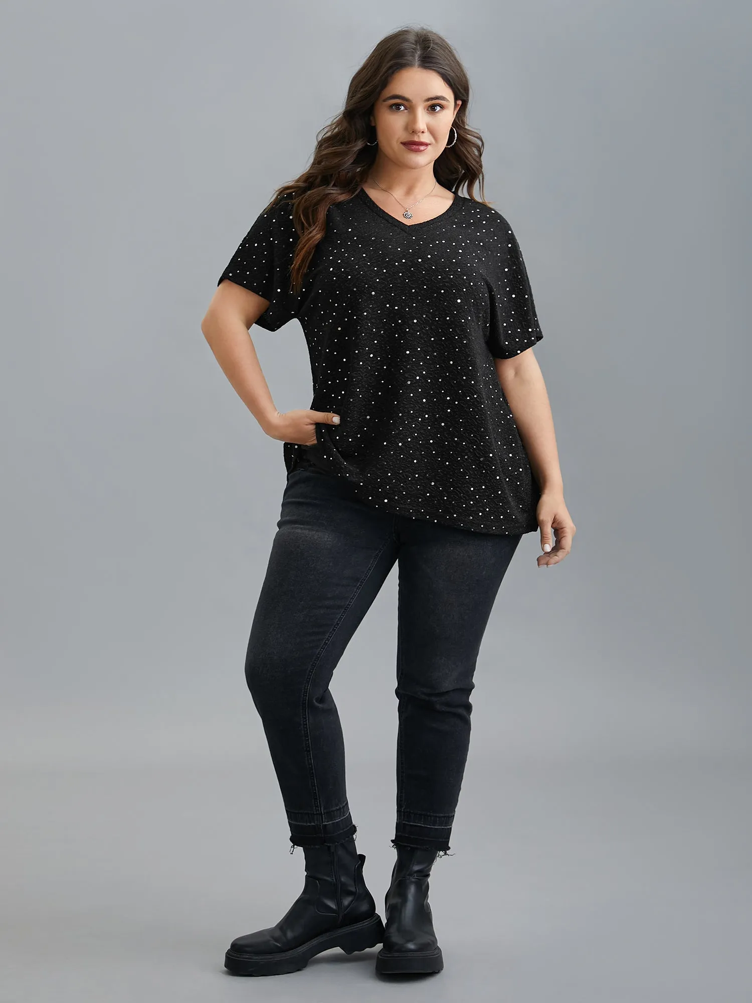 V-Neck Sequin Textured T-Shirt sold by Bloomchic product image thumbnail 3