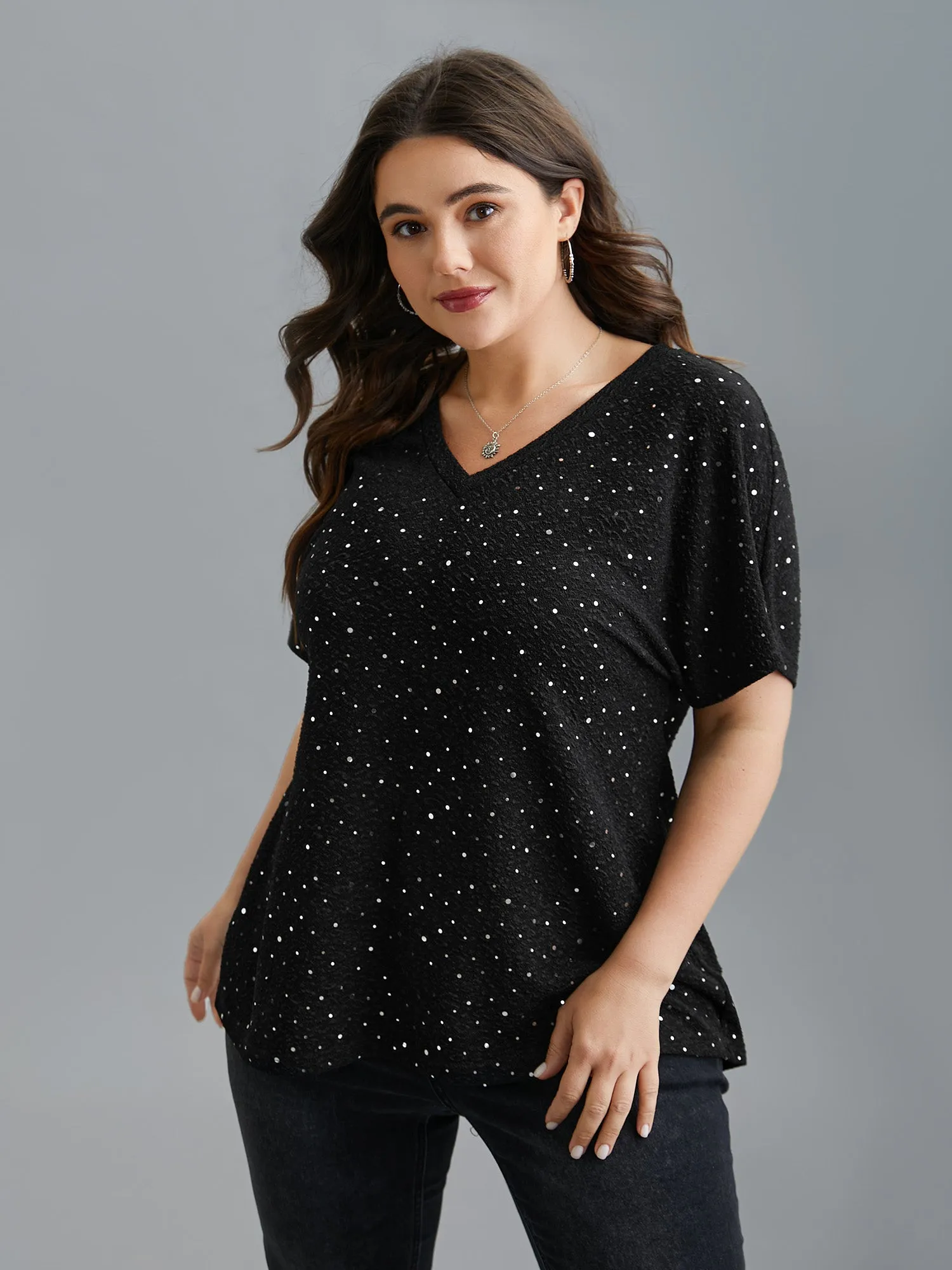 V-Neck Sequin Textured T-Shirt sold by Bloomchic