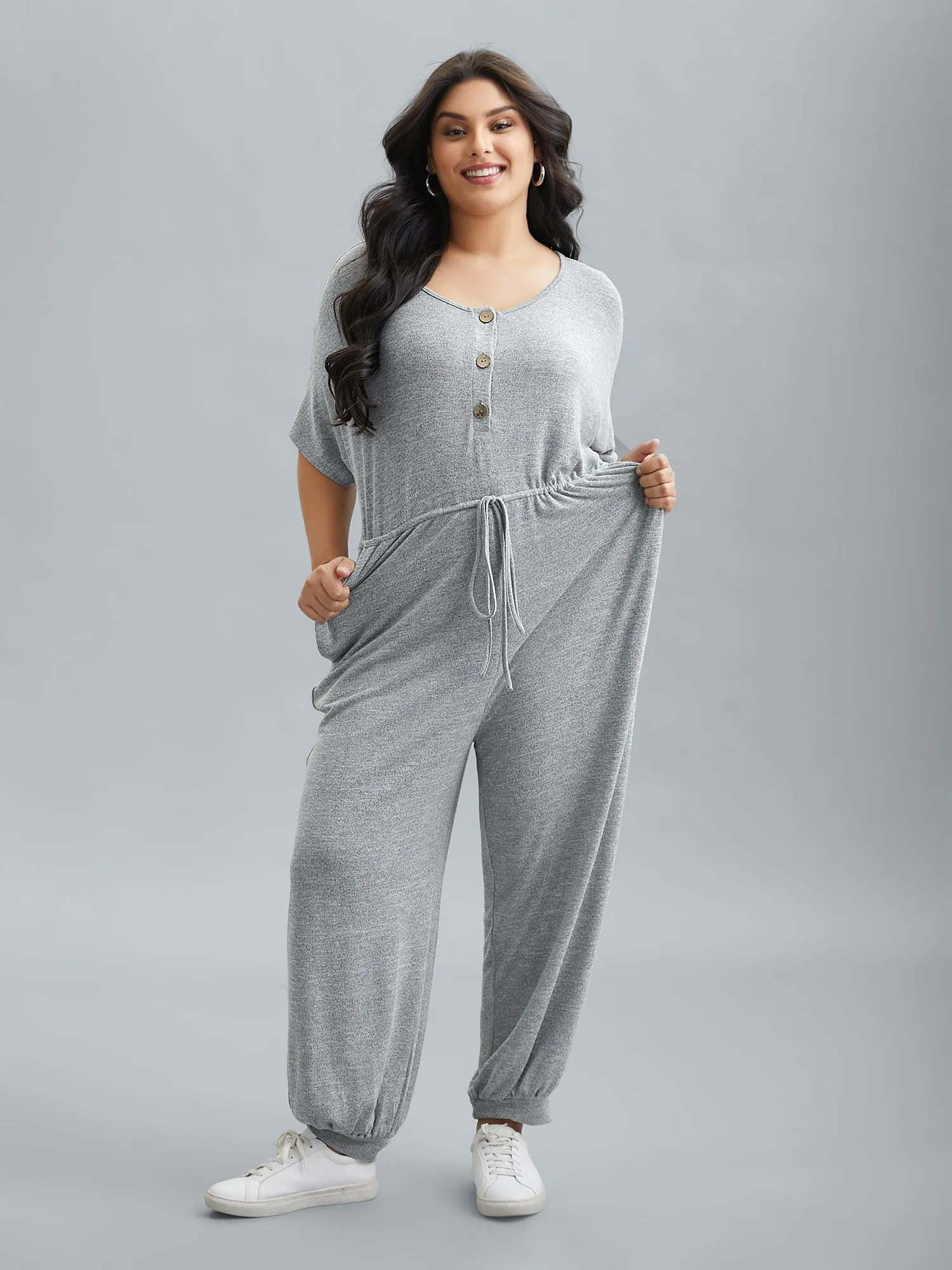 Supersoft Button Drawstring Straight Jumpsuit sold by Bloomchic