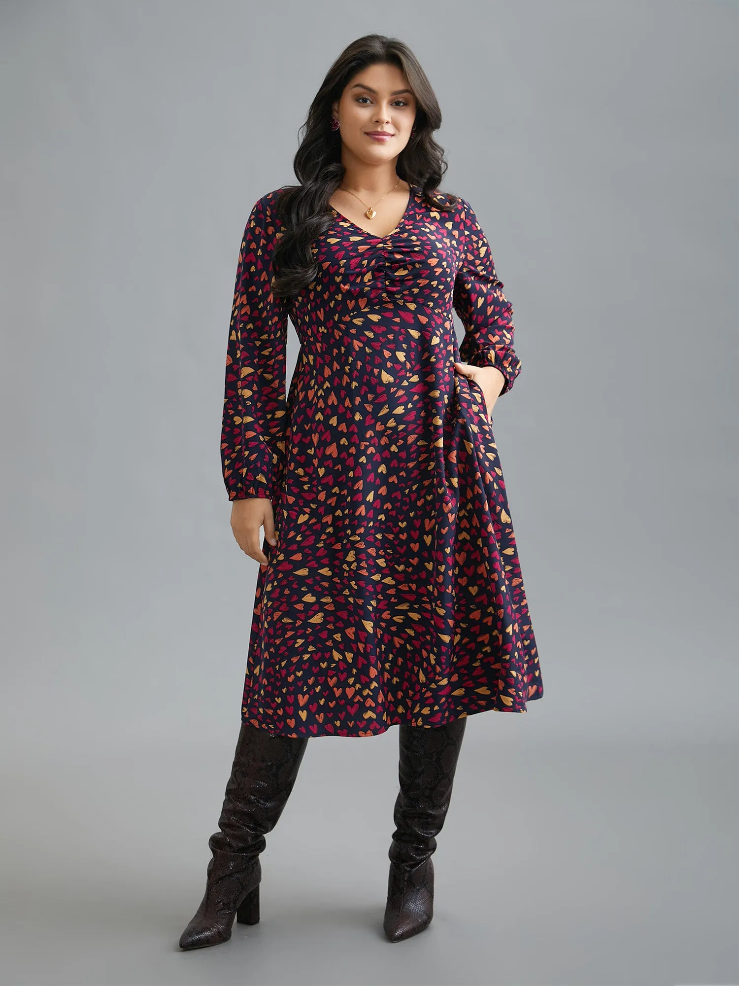 Multi-Color Hearts Pattern Stretchy Waist Dress sold by Bloomchic