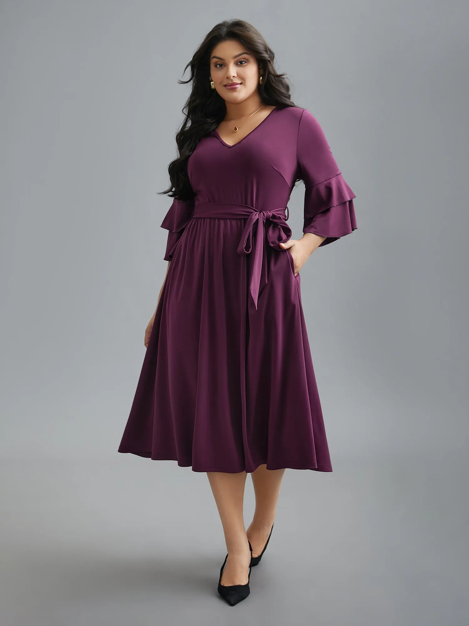 Tiered Ruffles Belted Stretchy Waist Dress sold by Bloomchic product image thumbnail 3