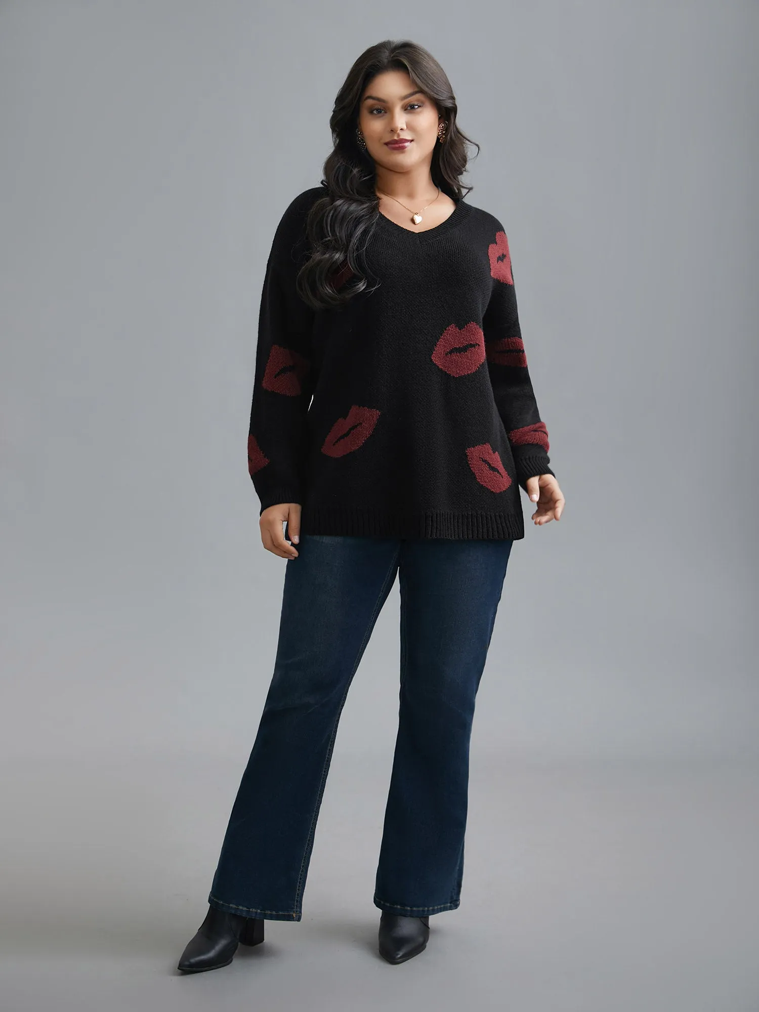 Lip Print Contrast Knit Pullover sold by Bloomchic product image thumbnail 3