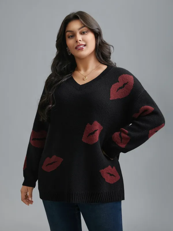 Lip Print Contrast Knit Pullover made by Bloomchic