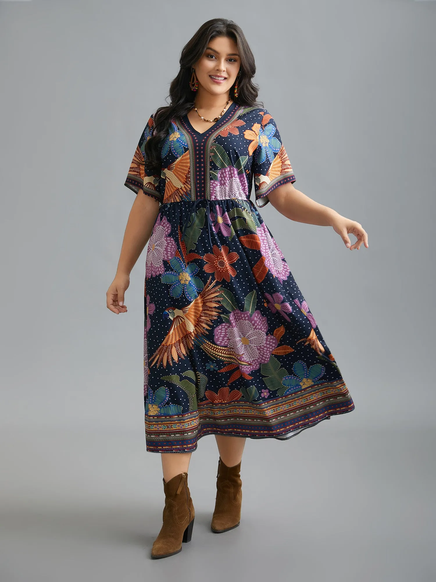 V Neck Multi-Color Floral Midi Dress sold by Bloomchic product image thumbnail 3