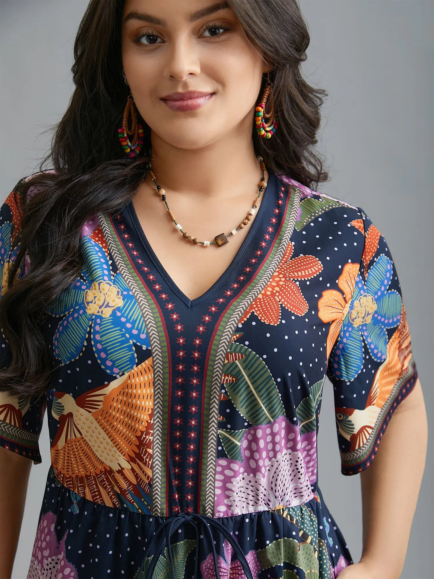 V Neck Multi-Color Floral Midi Dress sold by Bloomchic product image thumbnail 4