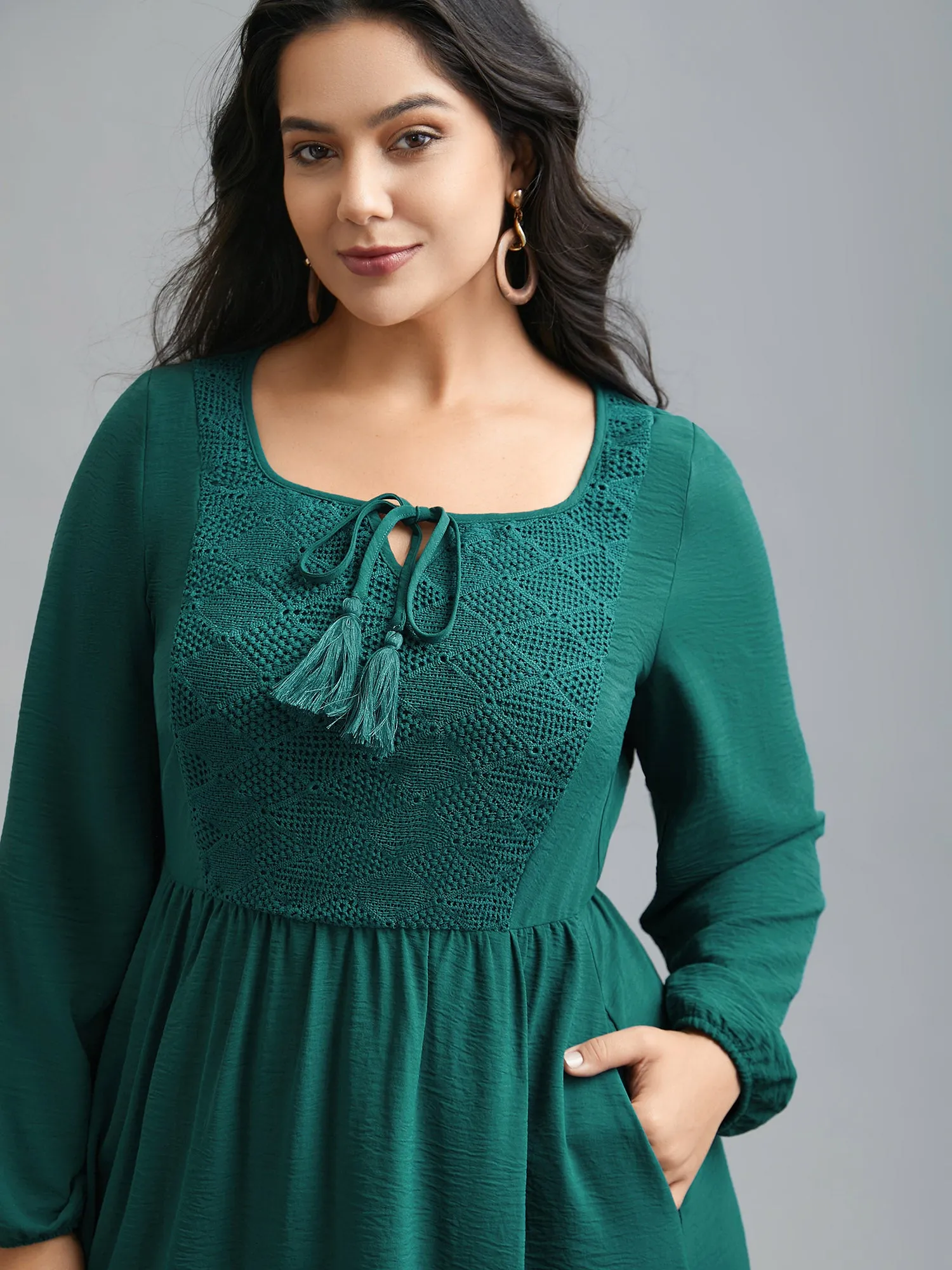 Lace Neck Detail Tassels Midi Dress sold by Bloomchic