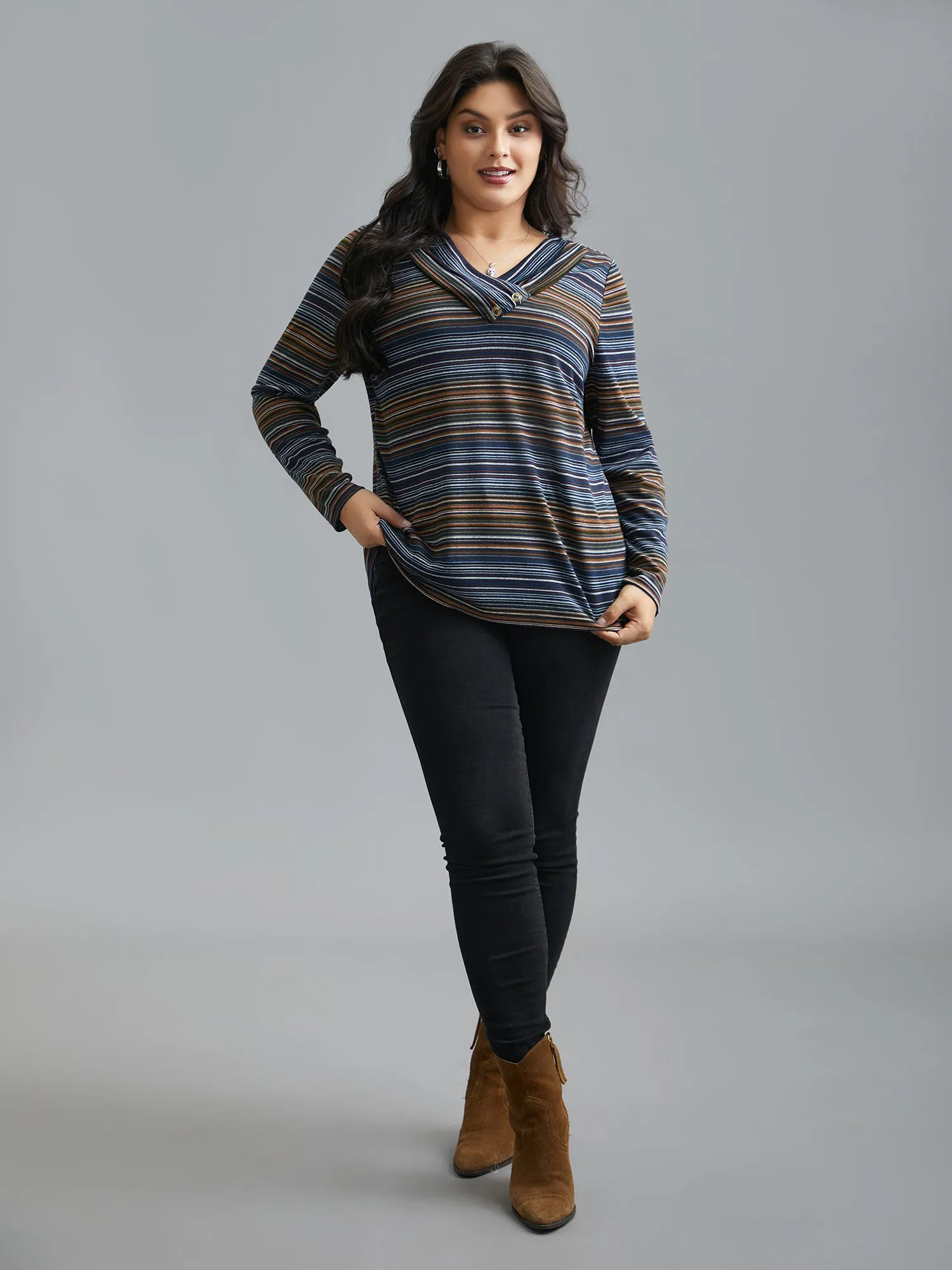 V Neck Multi-Color Stripes Slim-Fit T-Shirt sold by Bloomchic product image thumbnail 3