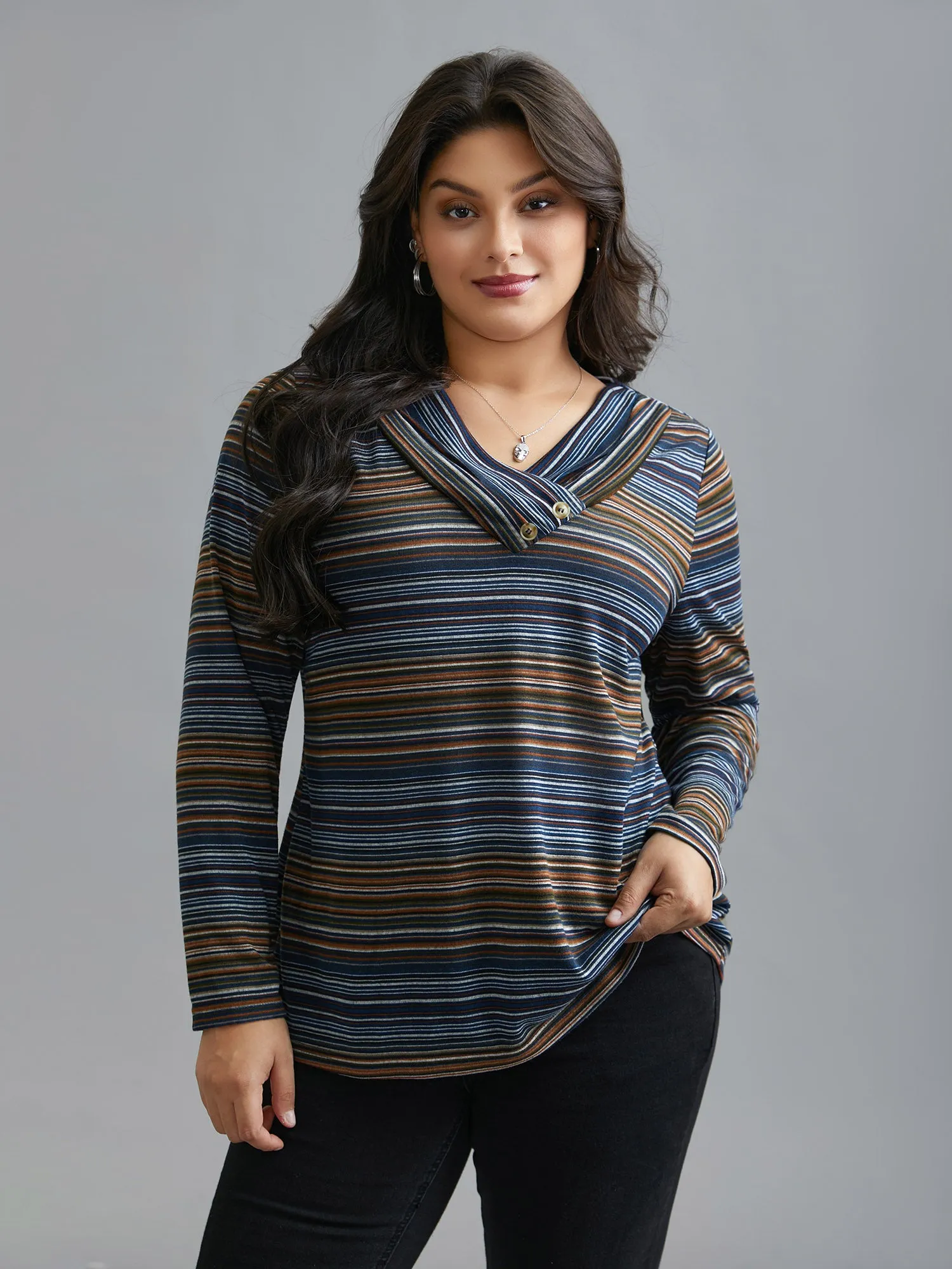 V Neck Multi-Color Stripes Slim-Fit T-Shirt sold by Bloomchic