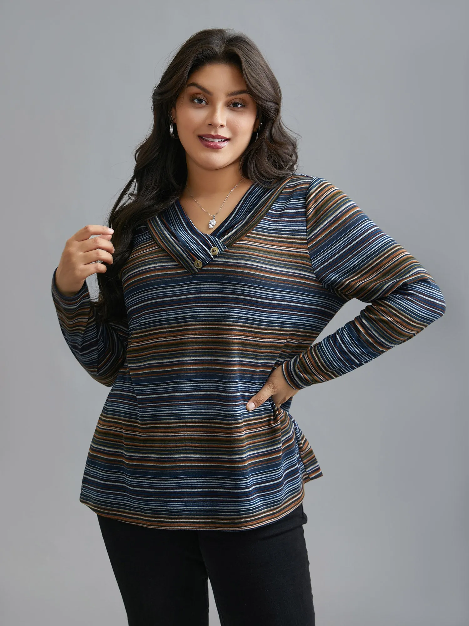 V Neck Multi-Color Stripes Slim-Fit T-Shirt sold by Bloomchic product image thumbnail 4