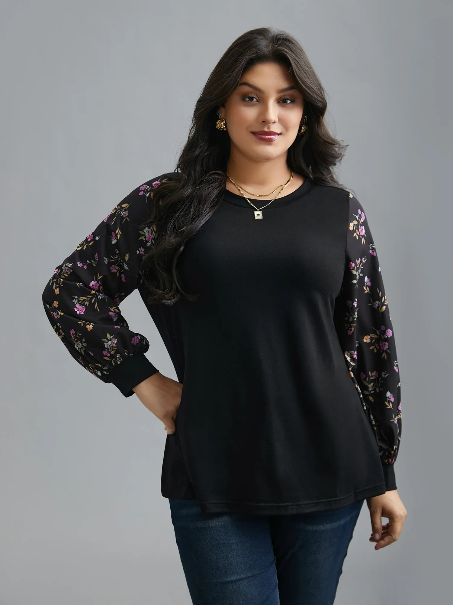 Floral Spliced Sleeve Stretchy T-Shirt sold by Bloomchic product image thumbnail 2