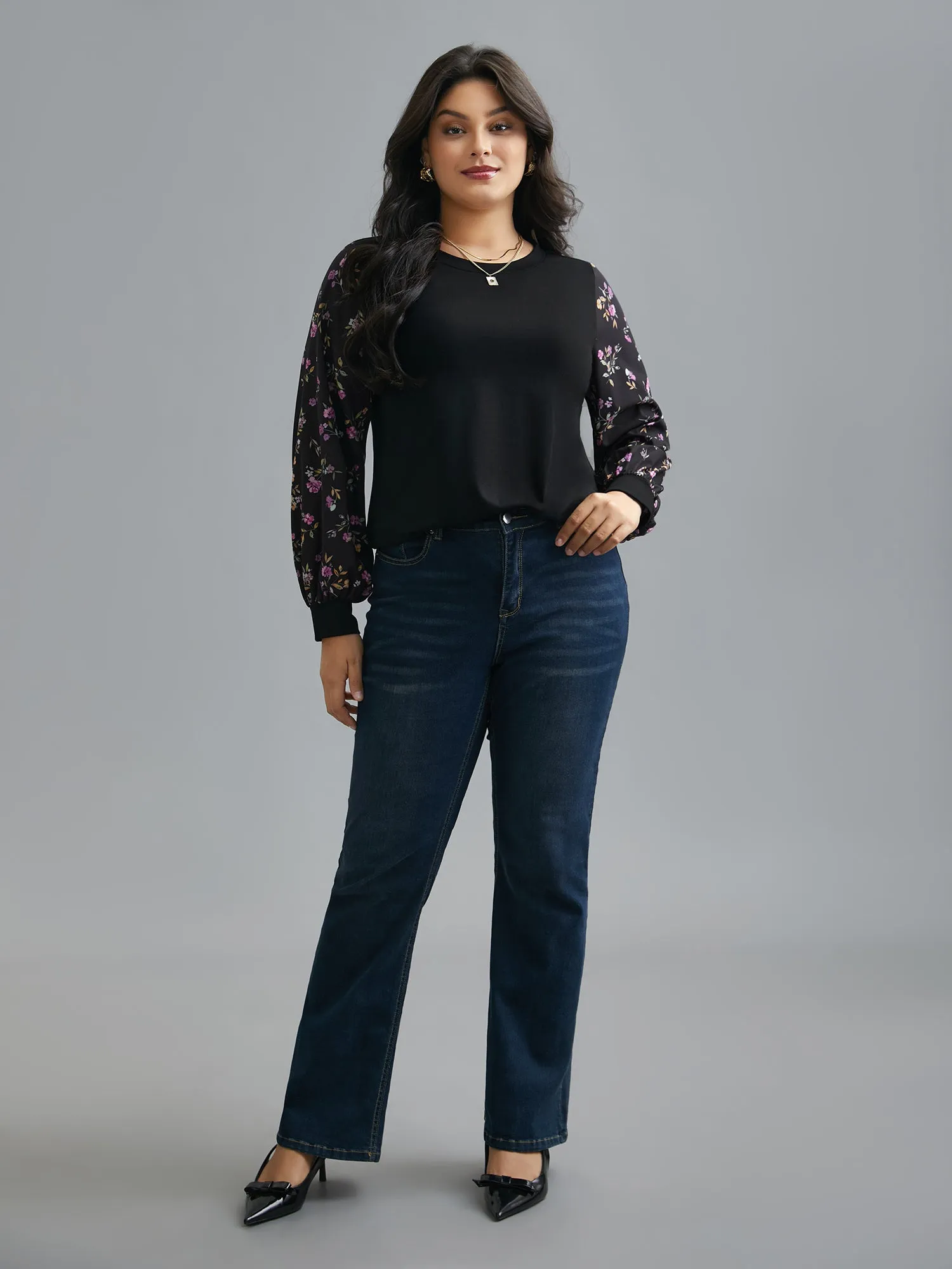 Floral Spliced Sleeve Stretchy T-Shirt sold by Bloomchic product image thumbnail 4