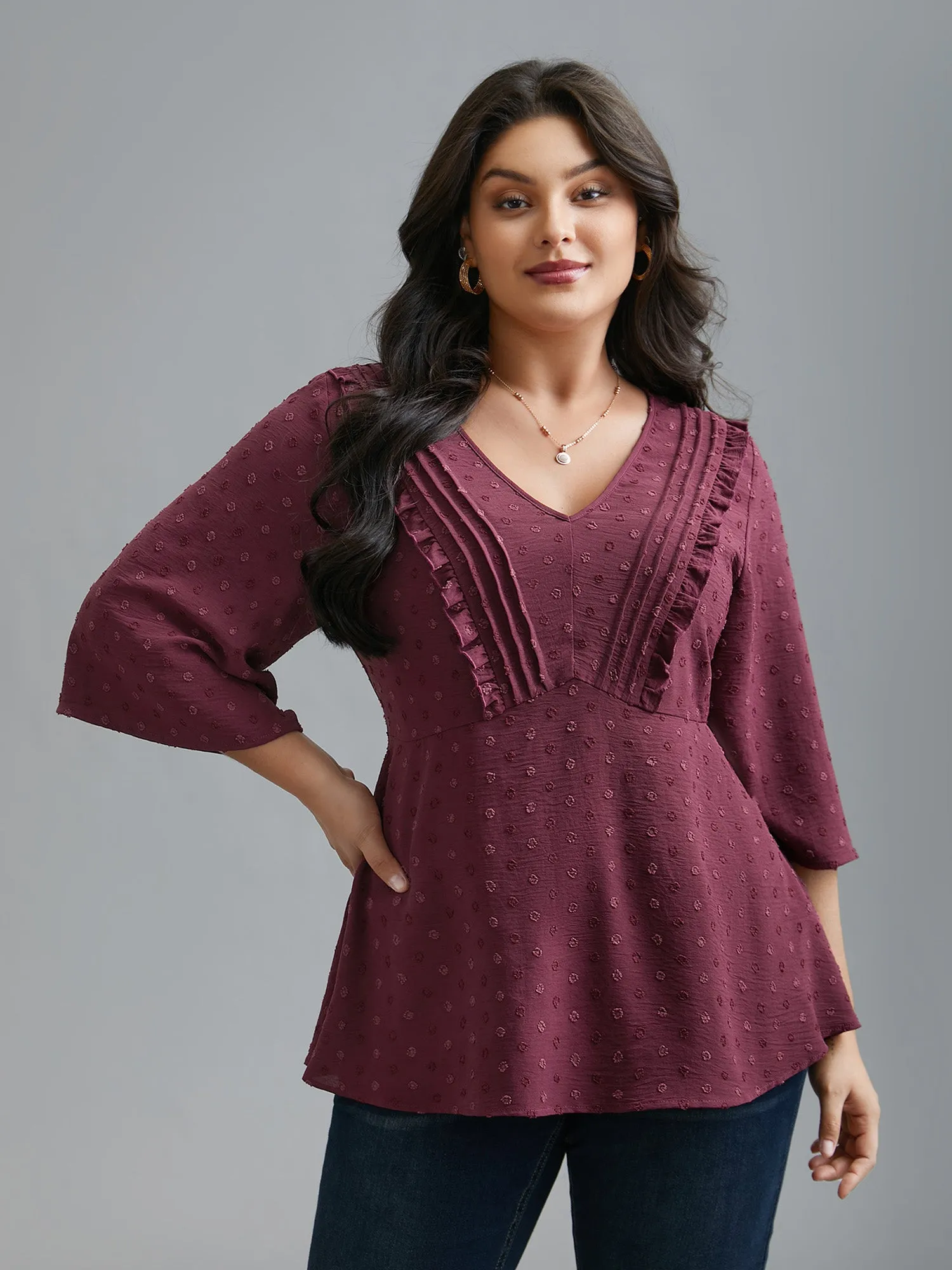 Ruffled Pleated Stretchy Waist Flowy Blouse sold by Bloomchic