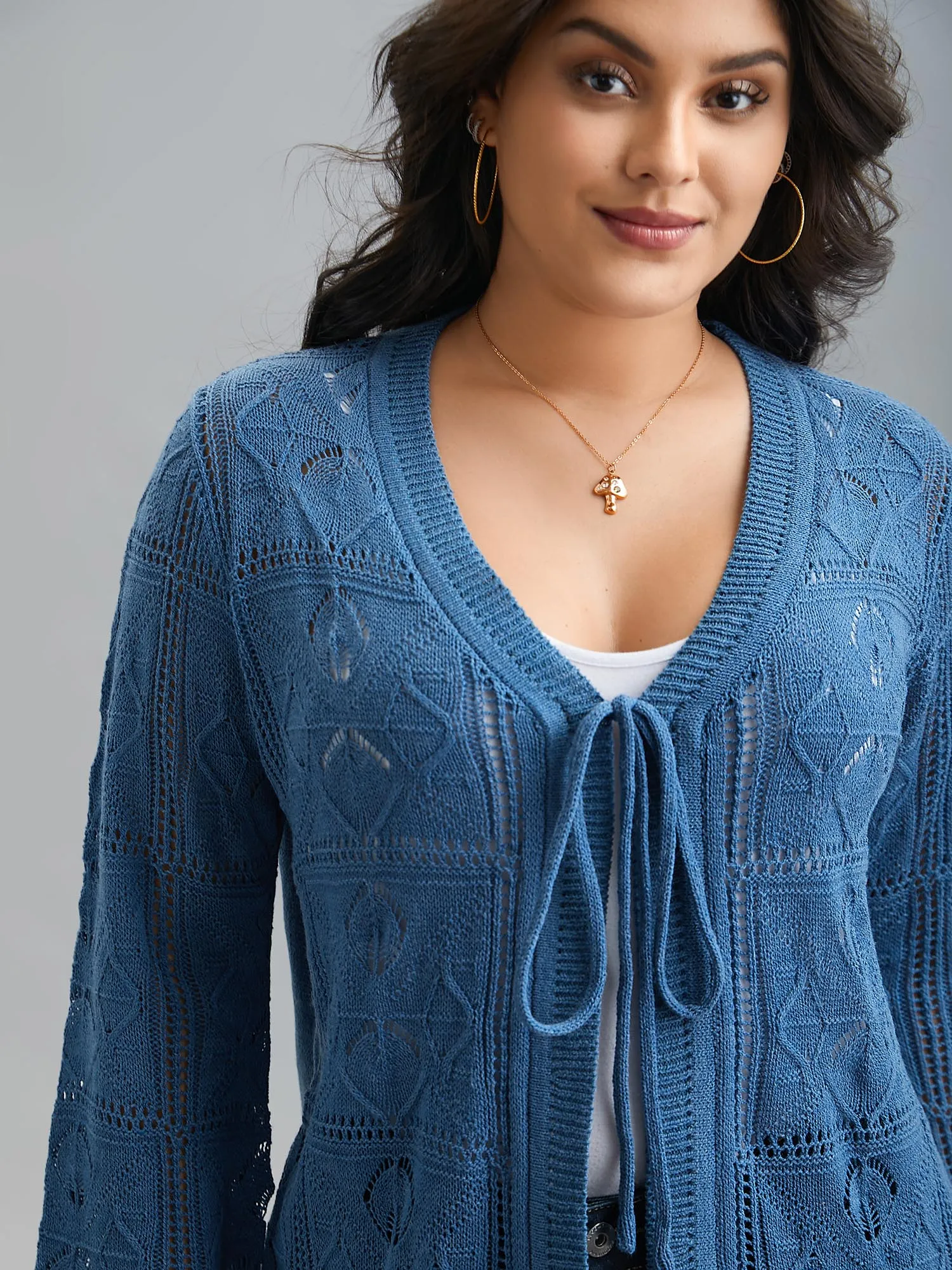 Front-Tie Textured Eyelet Knit Cardigan sold by Bloomchic product image thumbnail 5