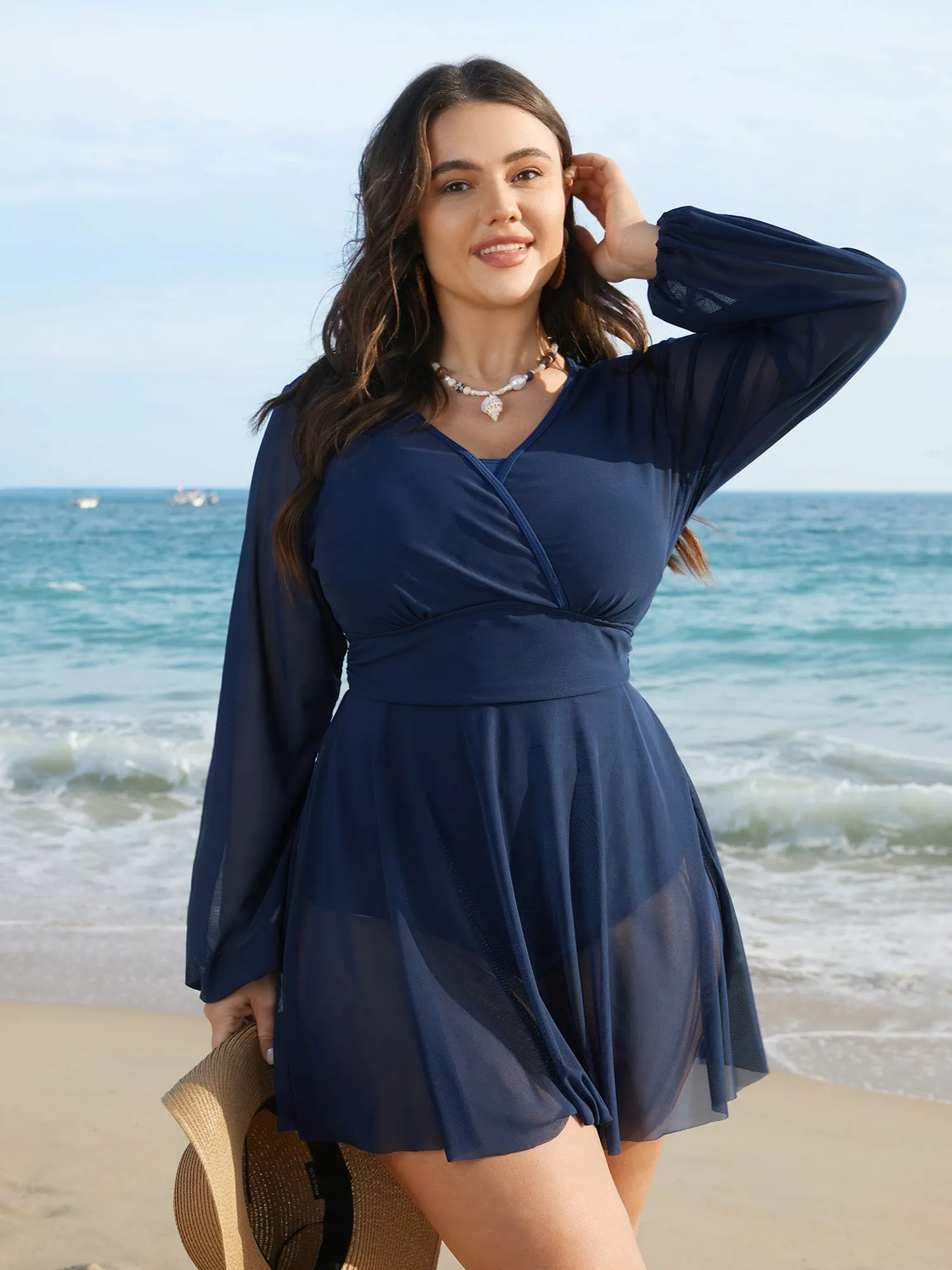 Long Sleeve Mesh Ruffle Hem Swim Dress sold by Bloomchic product image thumbnail 3