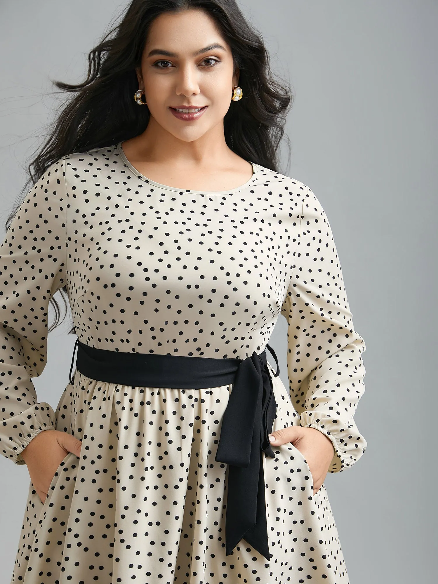 Round Neck Polka Dot Waist-Tie Midi Dress sold by Bloomchic product image thumbnail 2