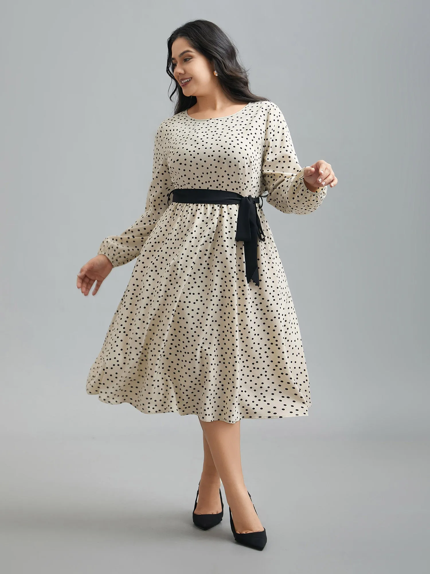 Round Neck Polka Dot Waist-Tie Midi Dress sold by Bloomchic