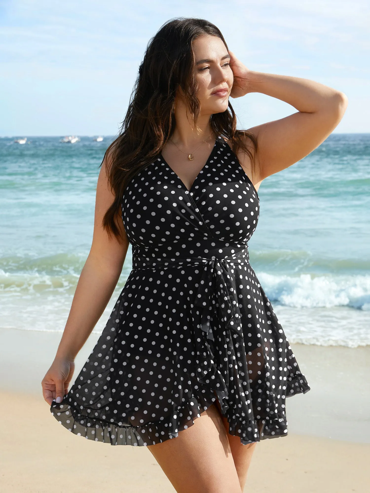 Polka Dot Ruffled Hem Belted Swim Dress sold by Bloomchic