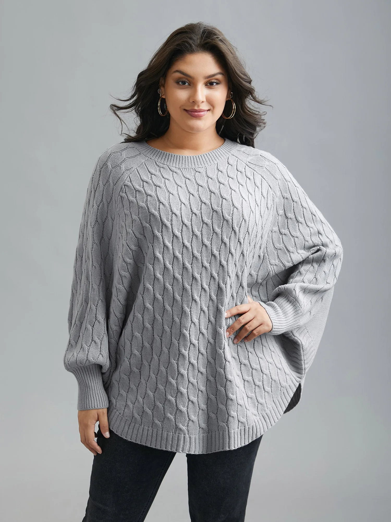 Cable Knit Dolman Sleeve Curved Hem Pullover sold by Bloomchic product image thumbnail 4