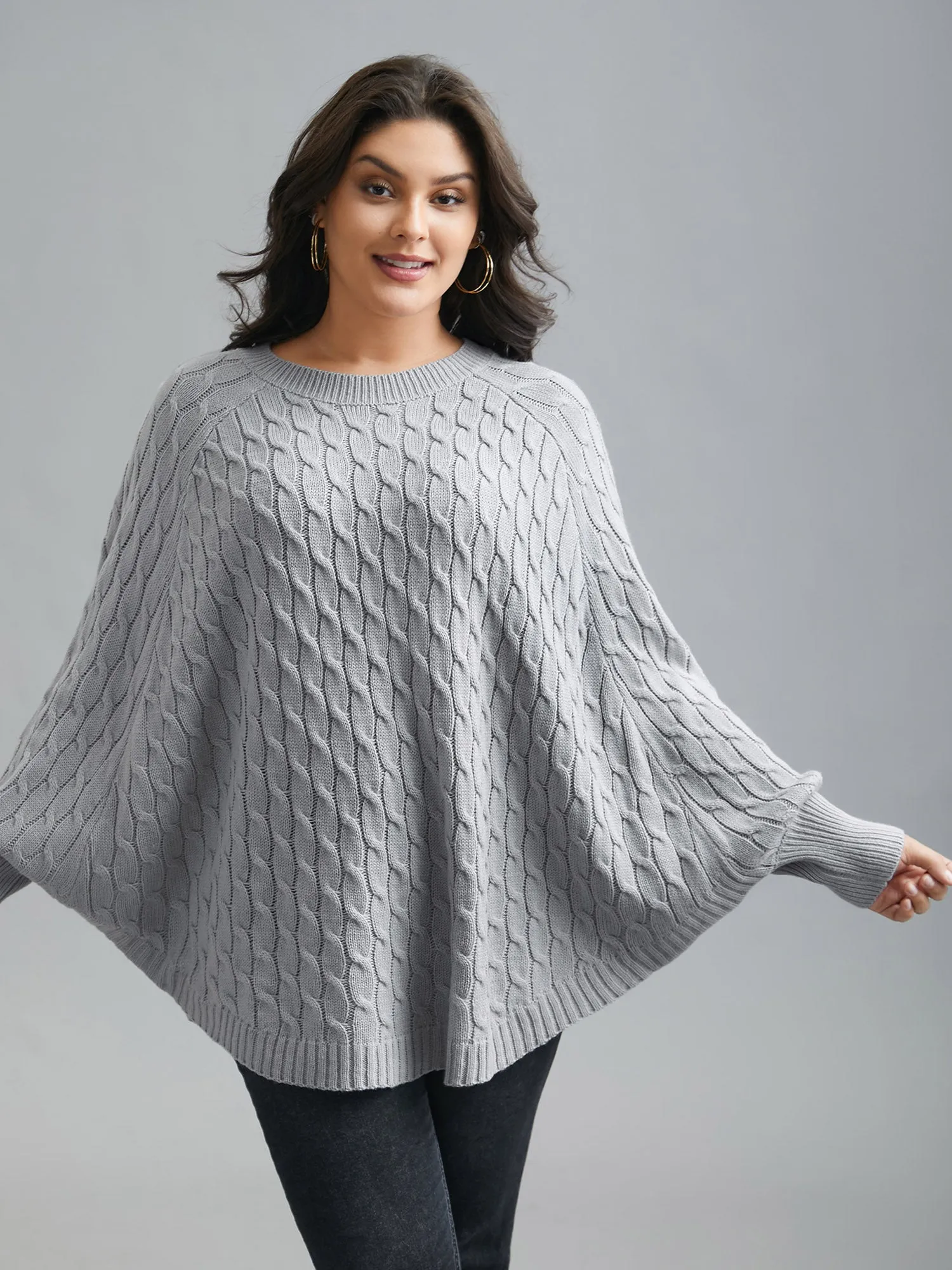 Cable Knit Dolman Sleeve Curved Hem Pullover sold by Bloomchic product image thumbnail 5